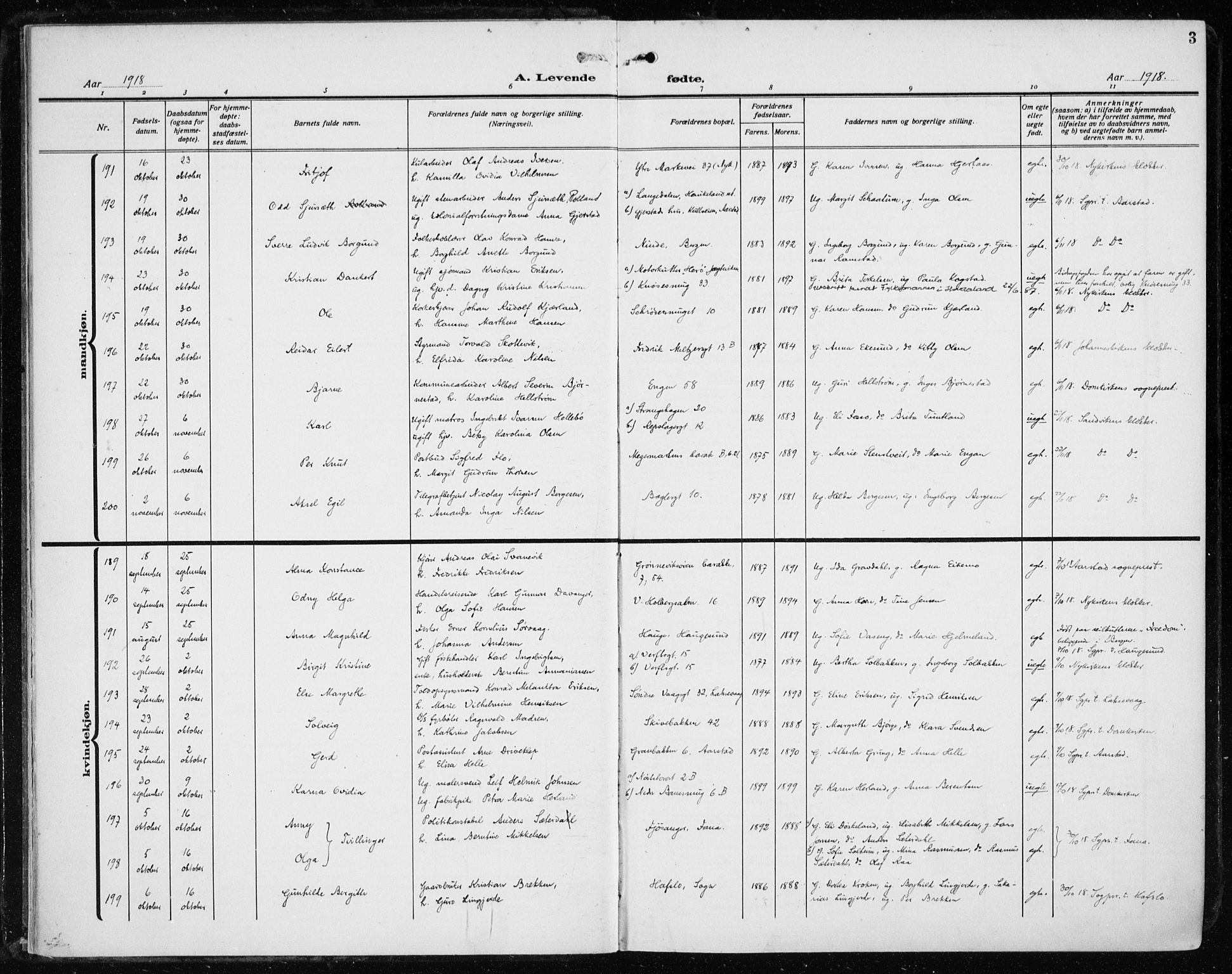 Fødselsstiftelsens sokneprestembete*, SAB/-: Parish register (official) no. A 5, 1918-1926, p. 3