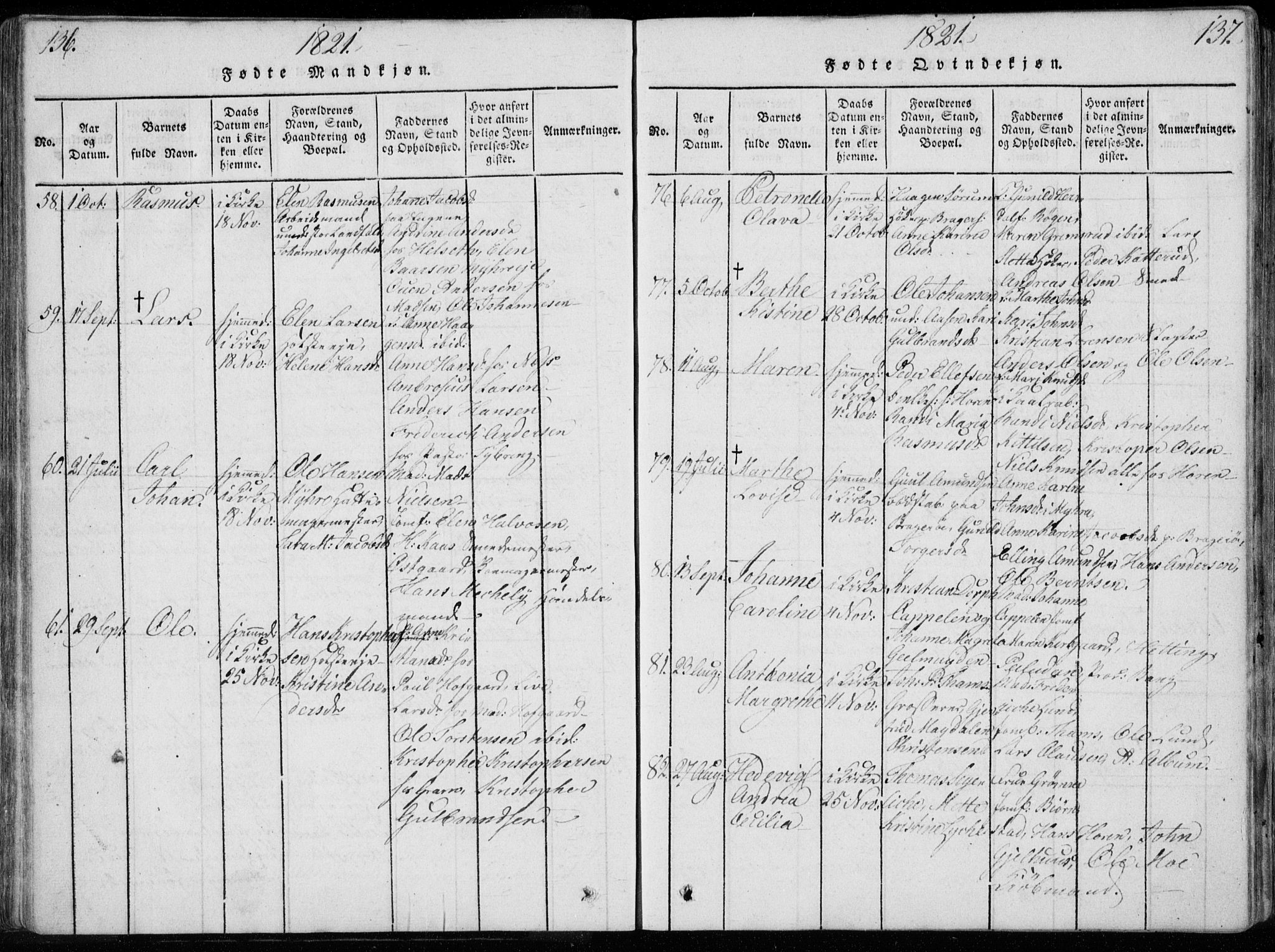 Bragernes kirkebøker, SAKO/A-6/F/Fa/L0007: Parish register (official) no. I 7, 1815-1829, p. 136-137