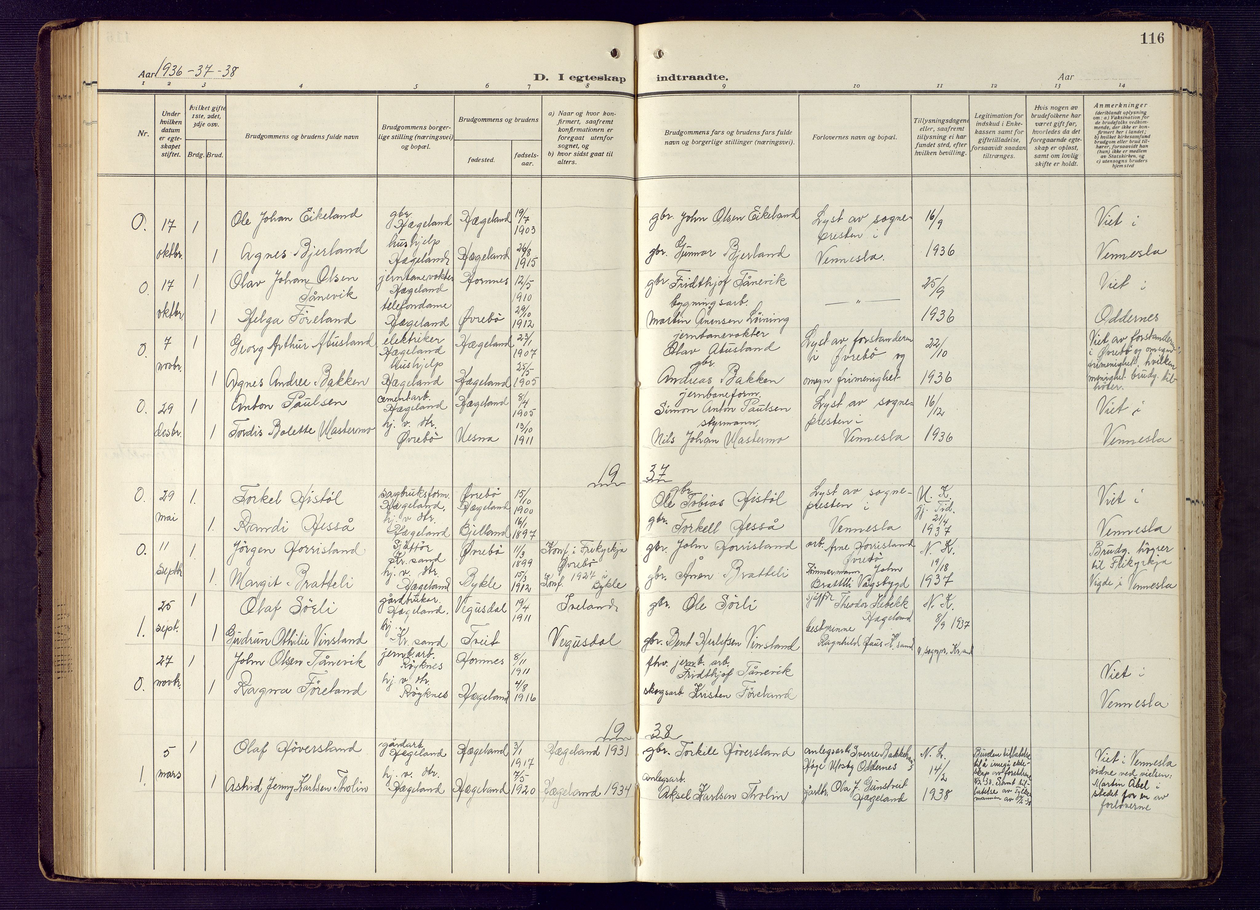 Vennesla sokneprestkontor, SAK/1111-0045/Fb/Fba/L0004: Parish register (copy) no. B 4, 1917-1948, p. 116