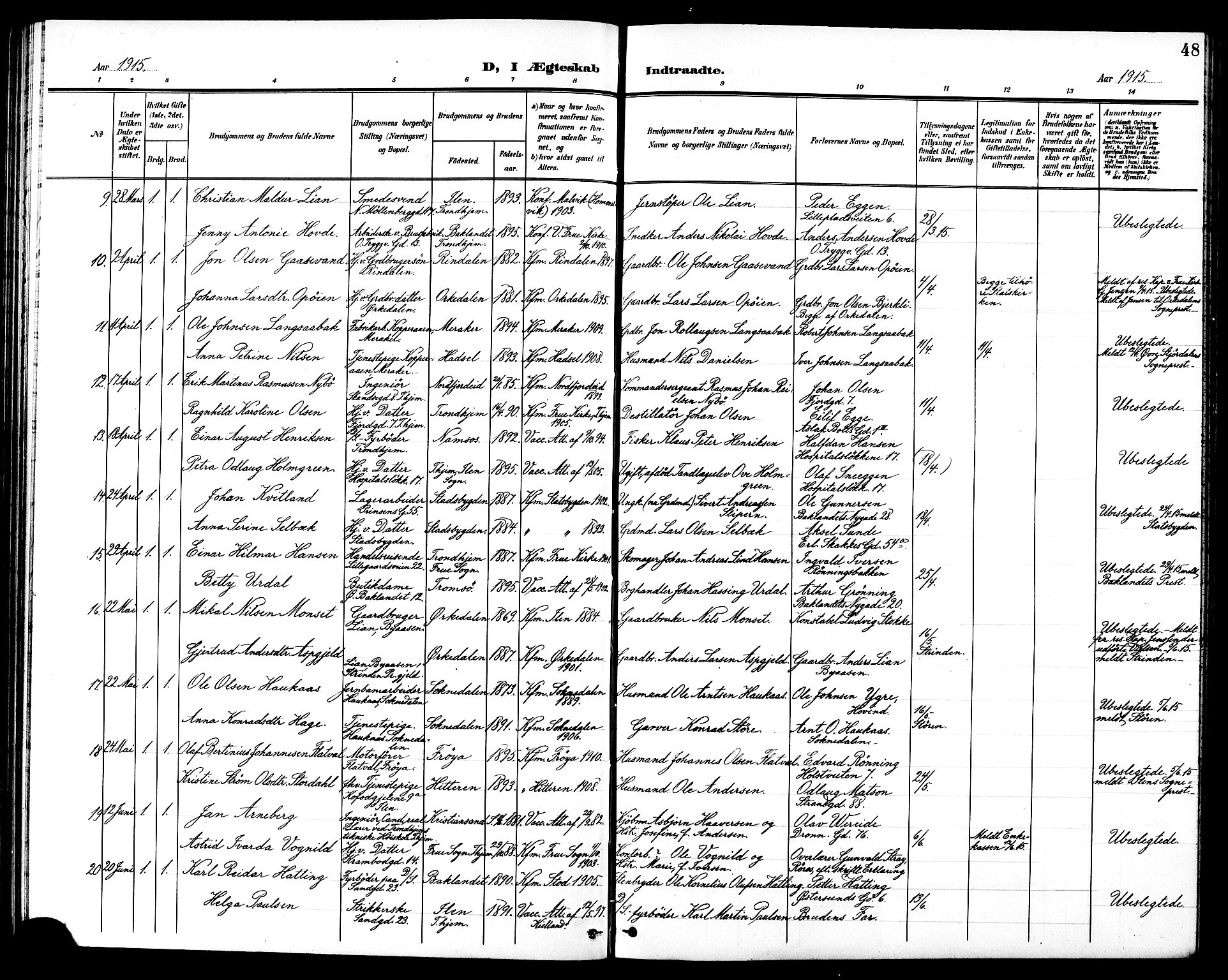 Ministerialprotokoller, klokkerbøker og fødselsregistre - Sør-Trøndelag, SAT/A-1456/602/L0145: Parish register (copy) no. 602C13, 1902-1919, p. 48