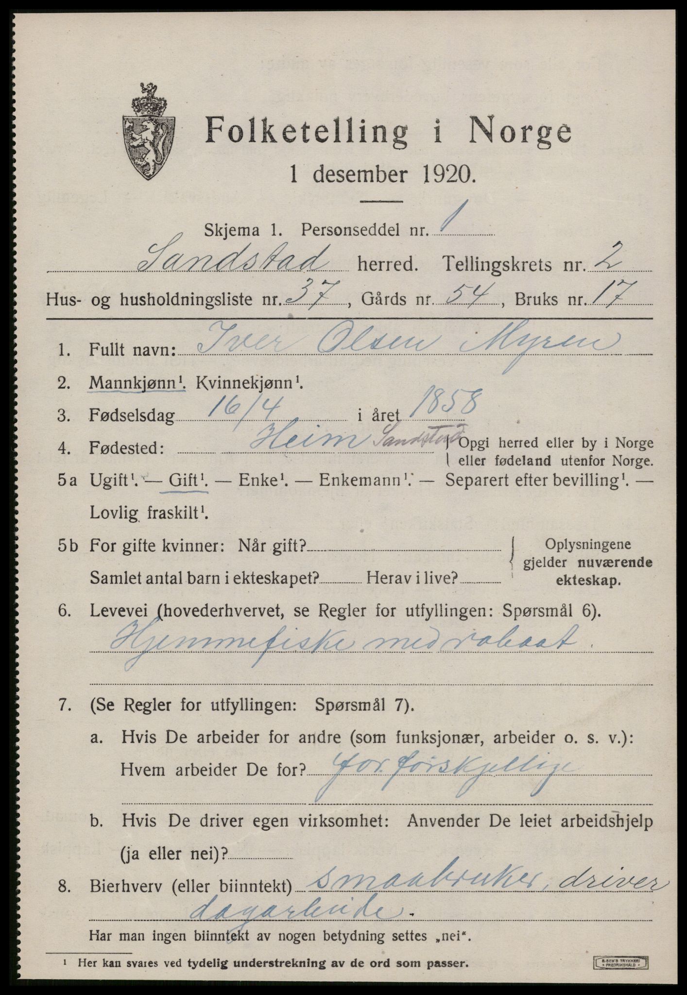 SAT, 1920 census for Sandstad, 1920, p. 1091