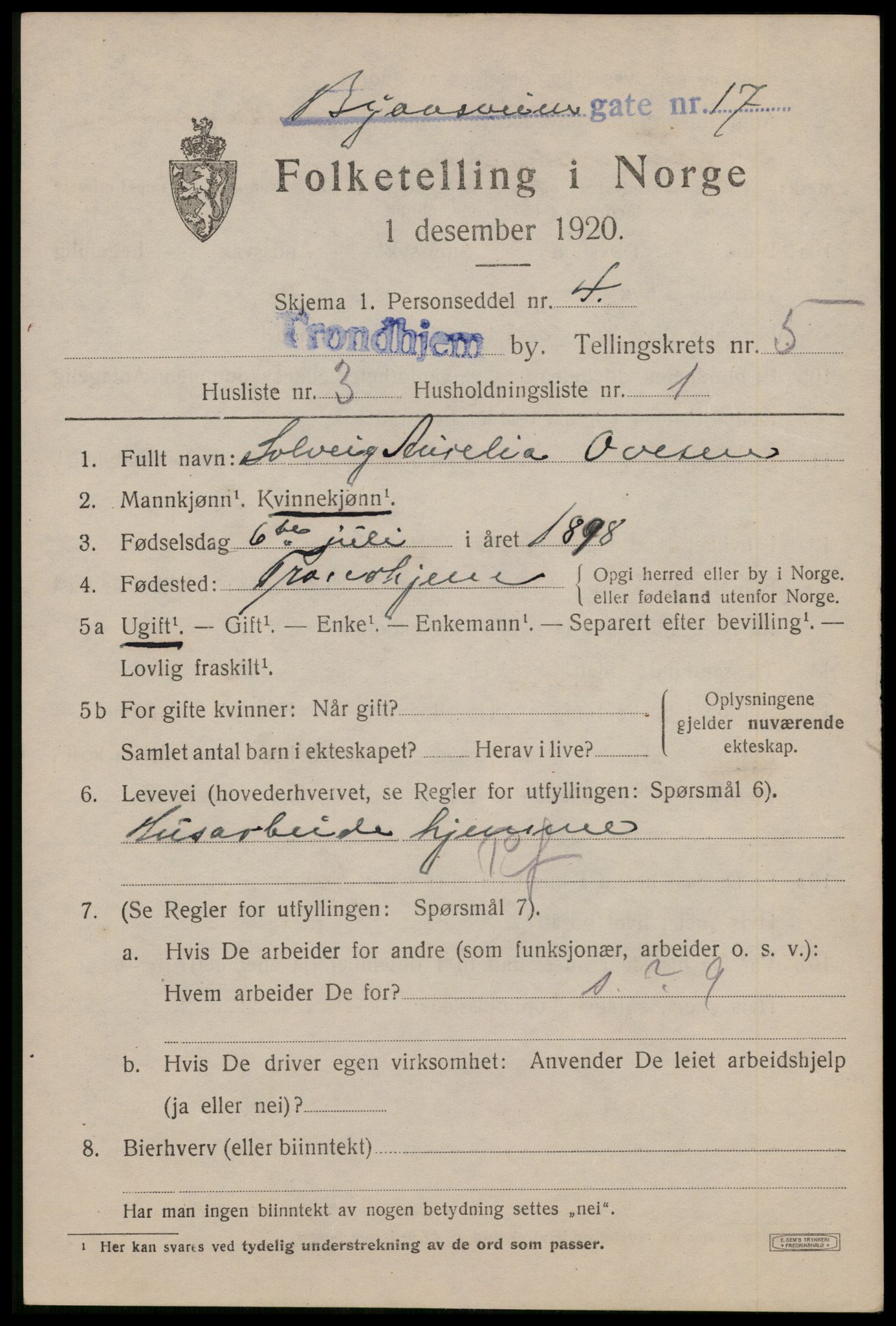 SAT, 1920 census for Trondheim, 1920, p. 38446