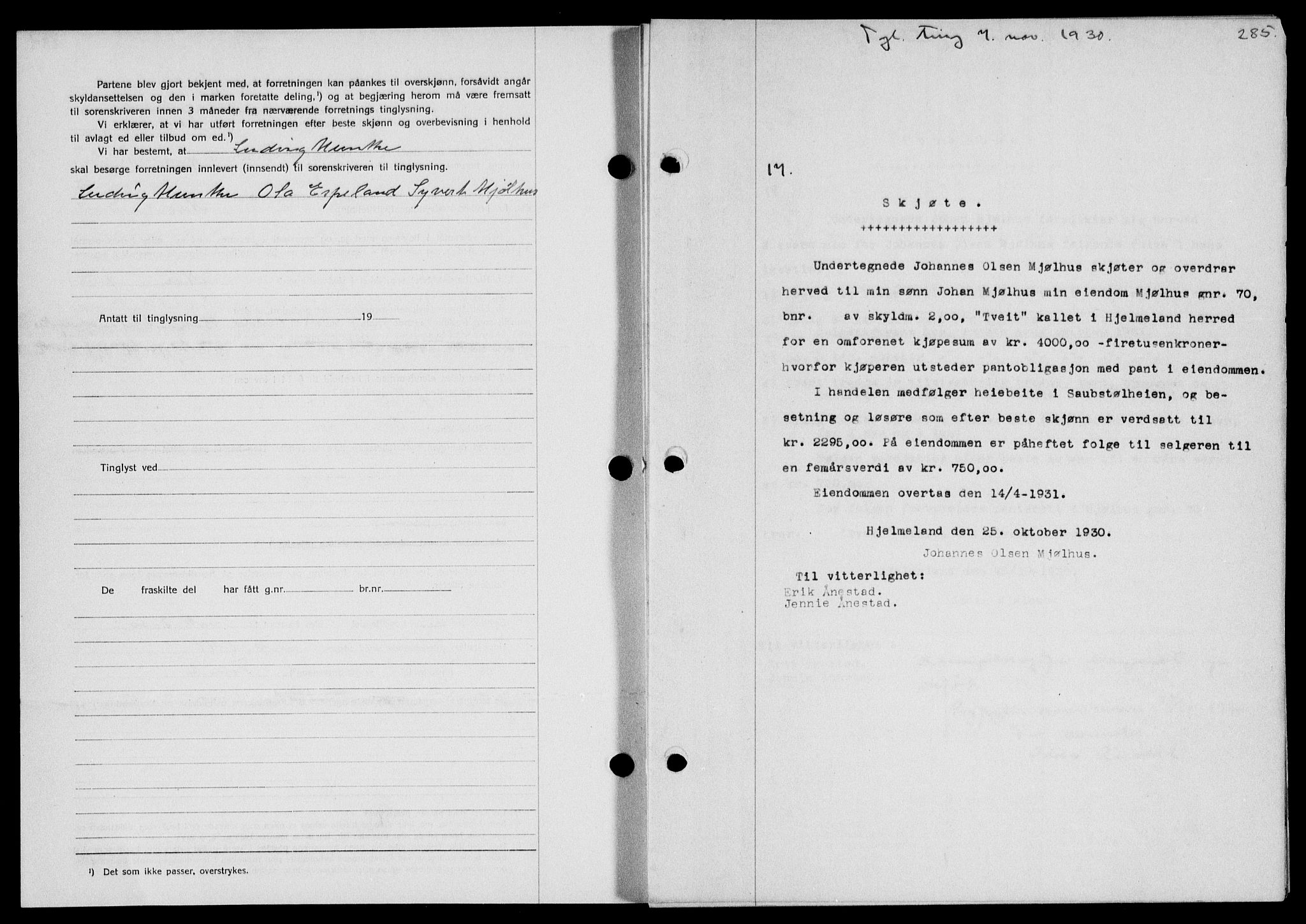 Ryfylke tingrett, AV/SAST-A-100055/001/II/IIB/L0061: Mortgage book no. 40, 1930-1931, Deed date: 07.11.1930