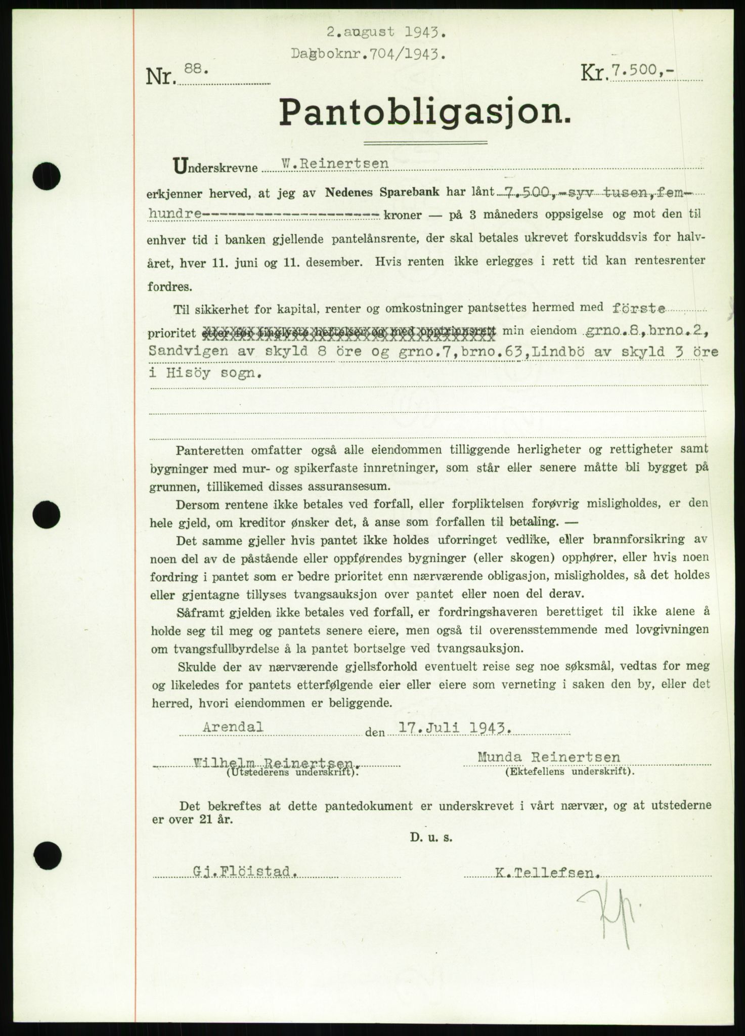 Nedenes sorenskriveri, AV/SAK-1221-0006/G/Gb/Gbb/L0002: Mortgage book no. II, 1942-1945, Diary no: : 704/1943