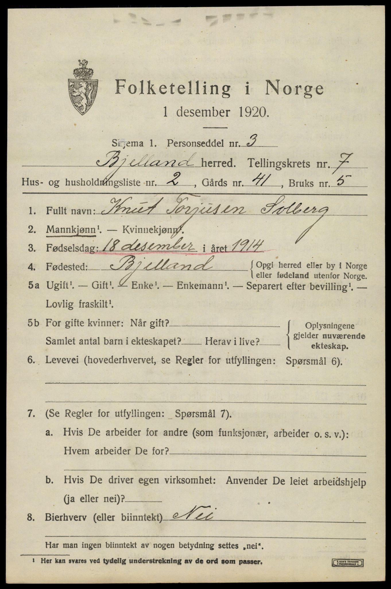 SAK, 1920 census for Bjelland, 1920, p. 2067