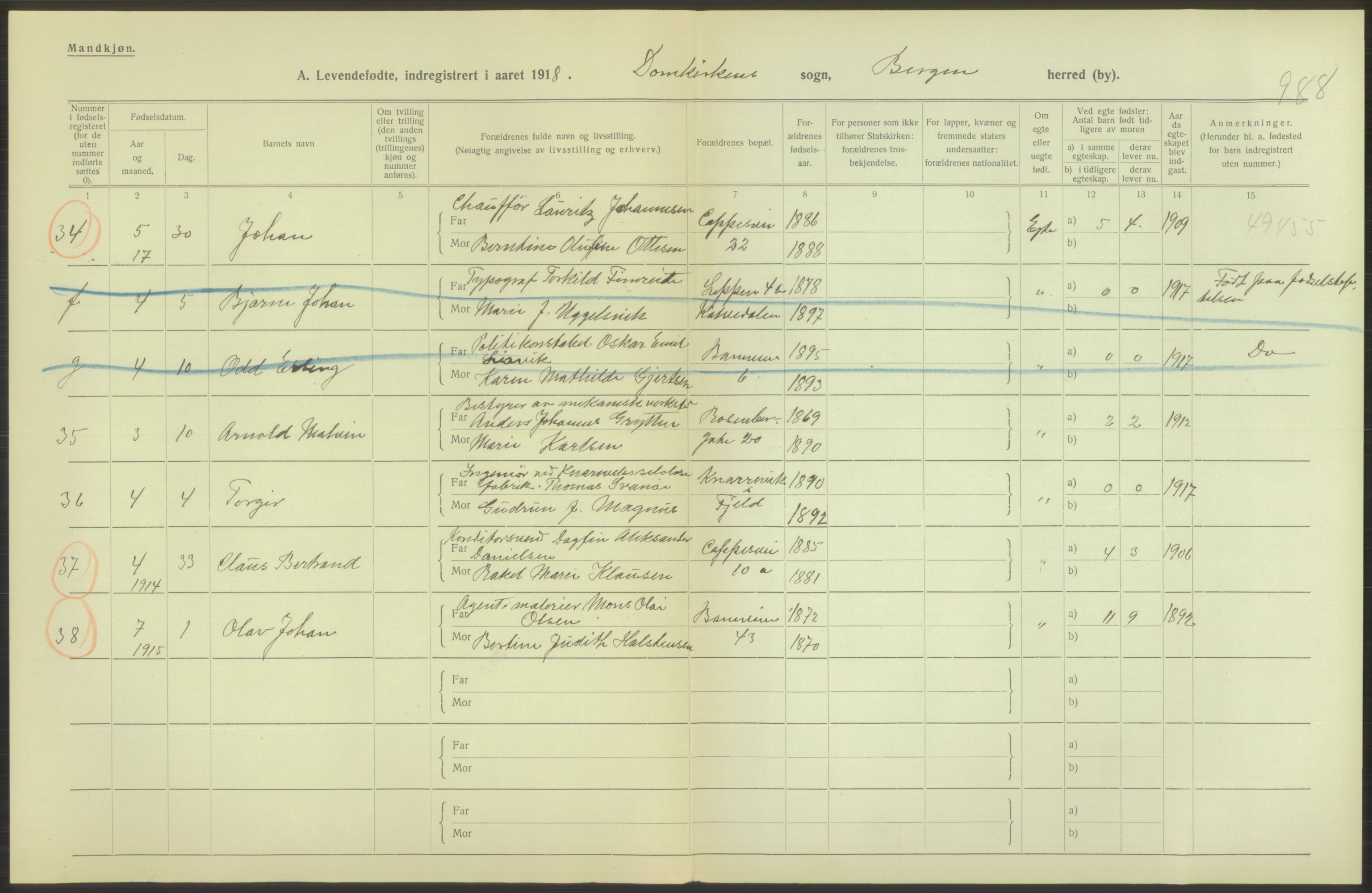 Statistisk sentralbyrå, Sosiodemografiske emner, Befolkning, AV/RA-S-2228/D/Df/Dfb/Dfbh/L0037: Bergen: Levendefødte menn og kvinner., 1918, p. 564