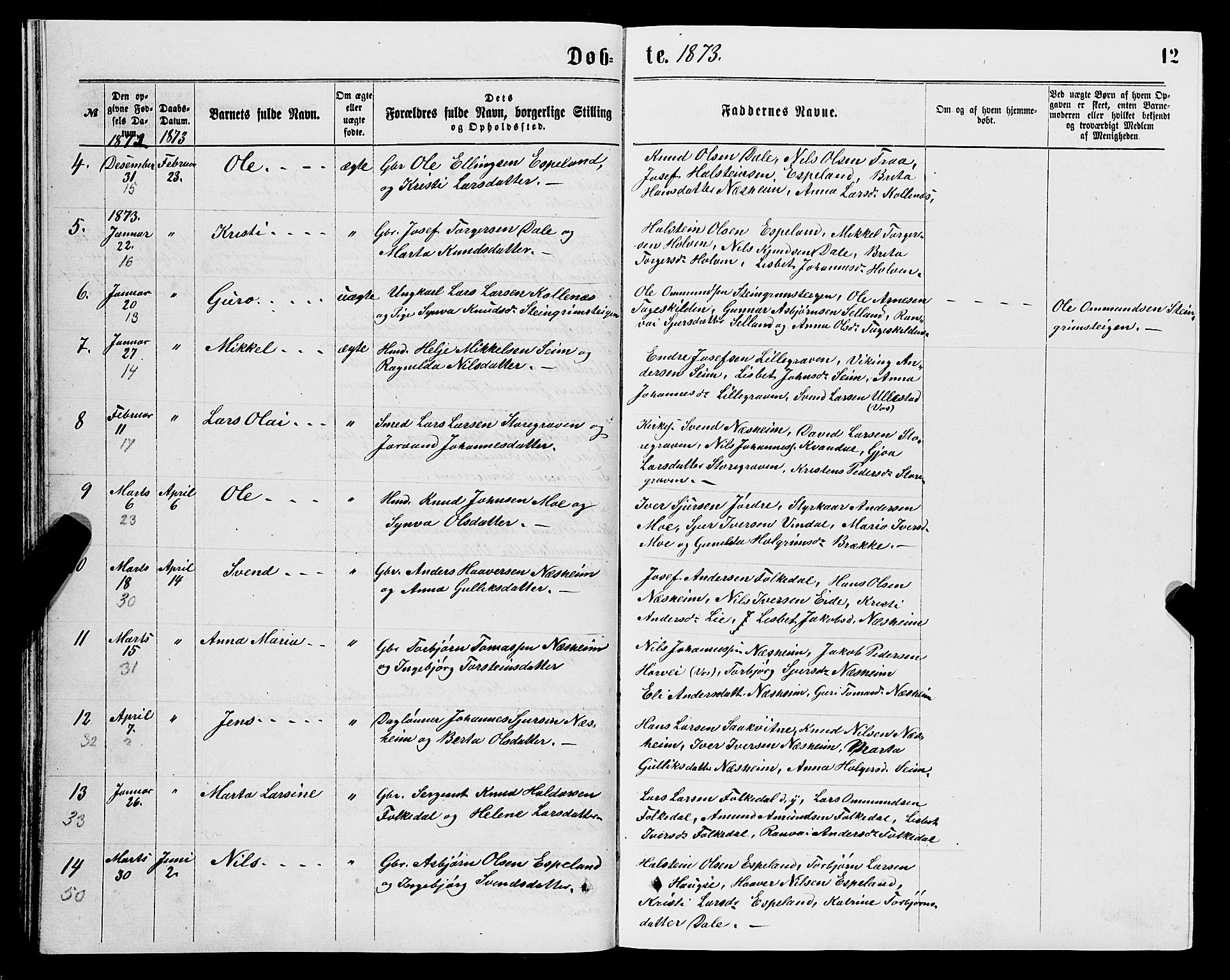 Ulvik sokneprestembete, SAB/A-78801/H/Hab: Parish register (copy) no. B 2, 1869-1883, p. 12