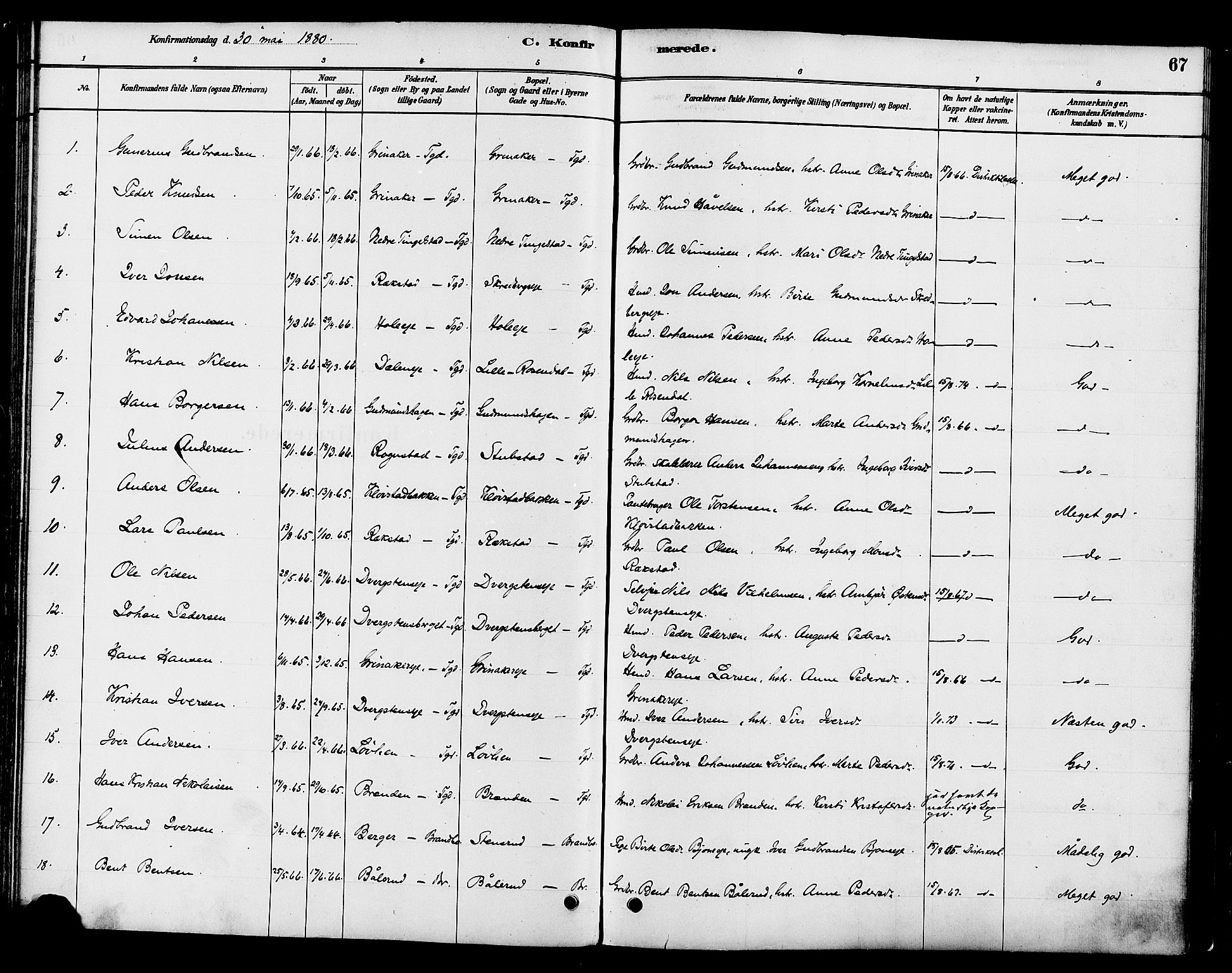 Gran prestekontor, SAH/PREST-112/H/Ha/Haa/L0016: Parish register (official) no. 16, 1880-1888, p. 67