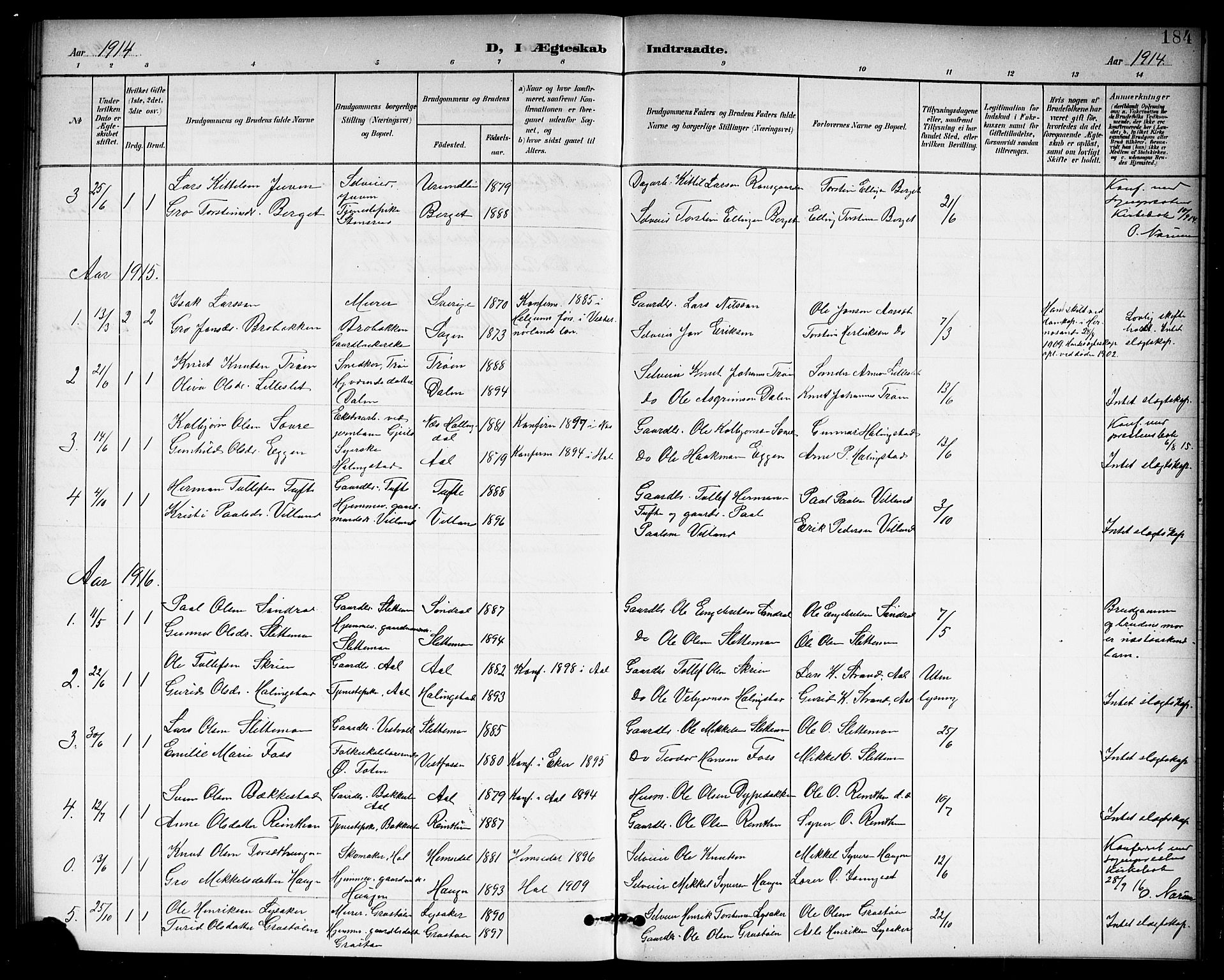 Hol kirkebøker, AV/SAKO-A-227/G/Ga/L0001: Parish register (copy) no. I 1, 1900-1919, p. 184