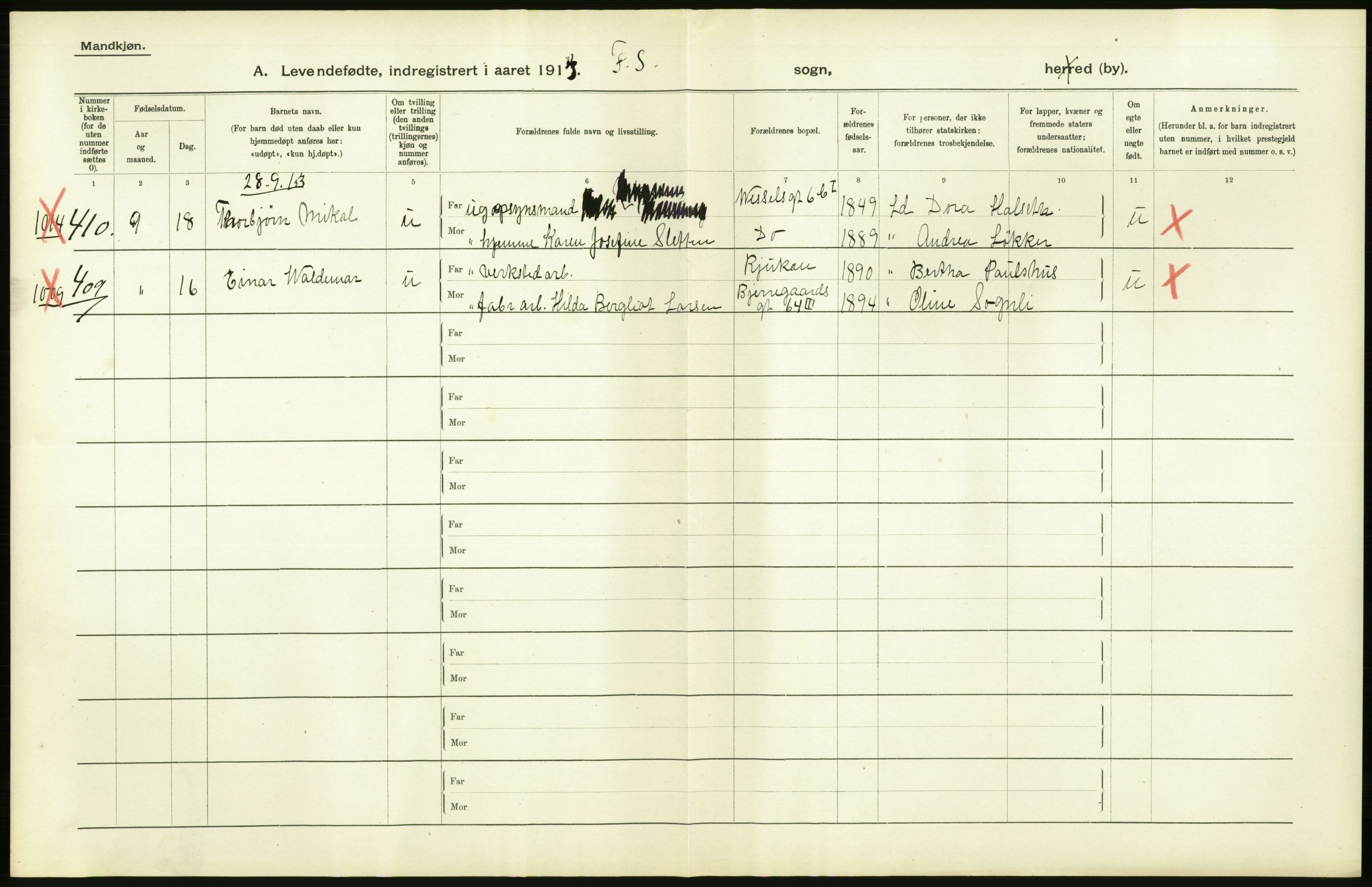 Statistisk sentralbyrå, Sosiodemografiske emner, Befolkning, AV/RA-S-2228/D/Df/Dfb/Dfbc/L0007: Kristiania: Levendefødte menn og kvinner., 1913, p. 42