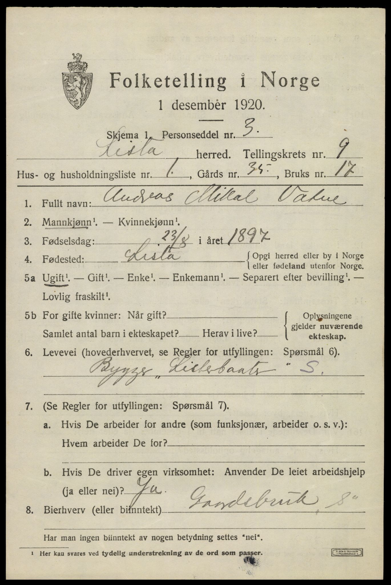 SAK, 1920 census for Lista, 1920, p. 9001