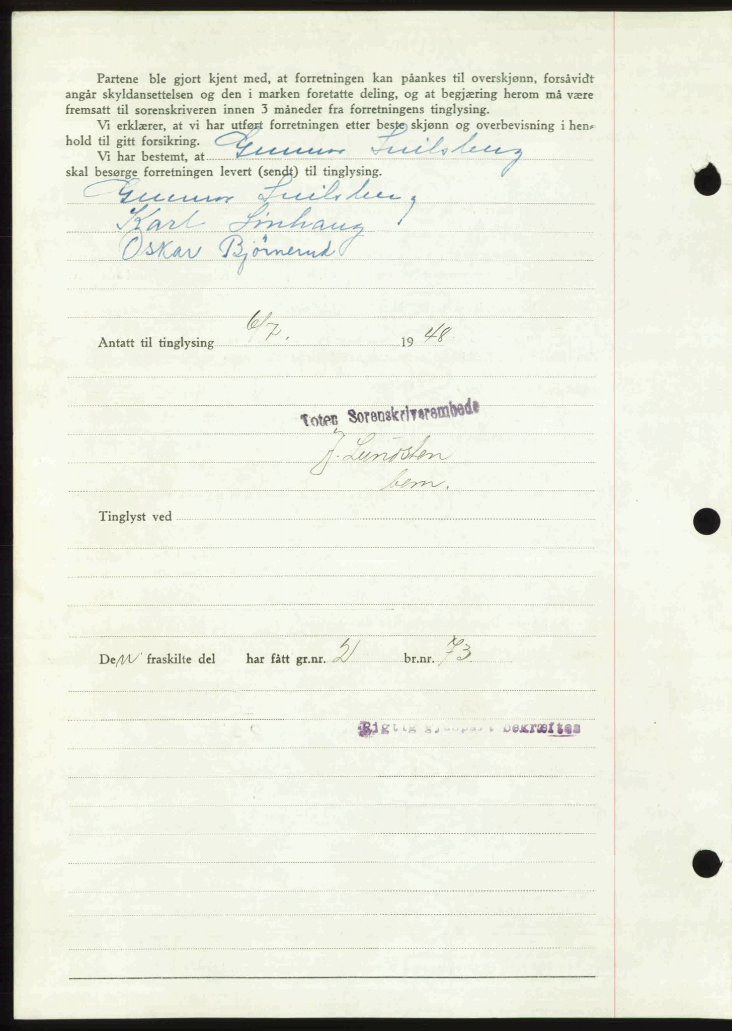 Toten tingrett, SAH/TING-006/H/Hb/Hbc/L0020: Mortgage book no. Hbc-20, 1948-1948, Diary no: : 2125/1948