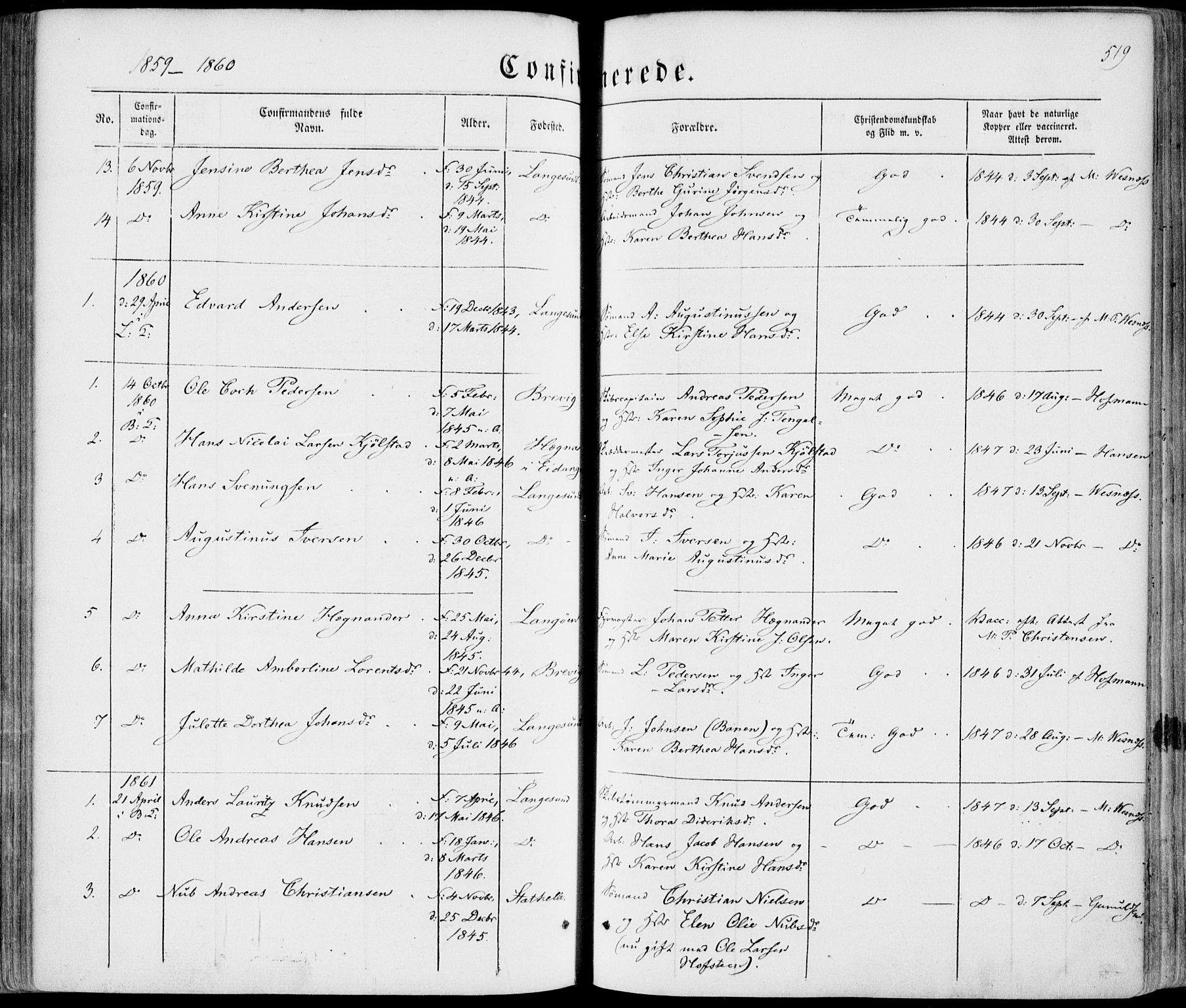 Bamble kirkebøker, SAKO/A-253/F/Fa/L0005: Parish register (official) no. I 5, 1854-1869, p. 519
