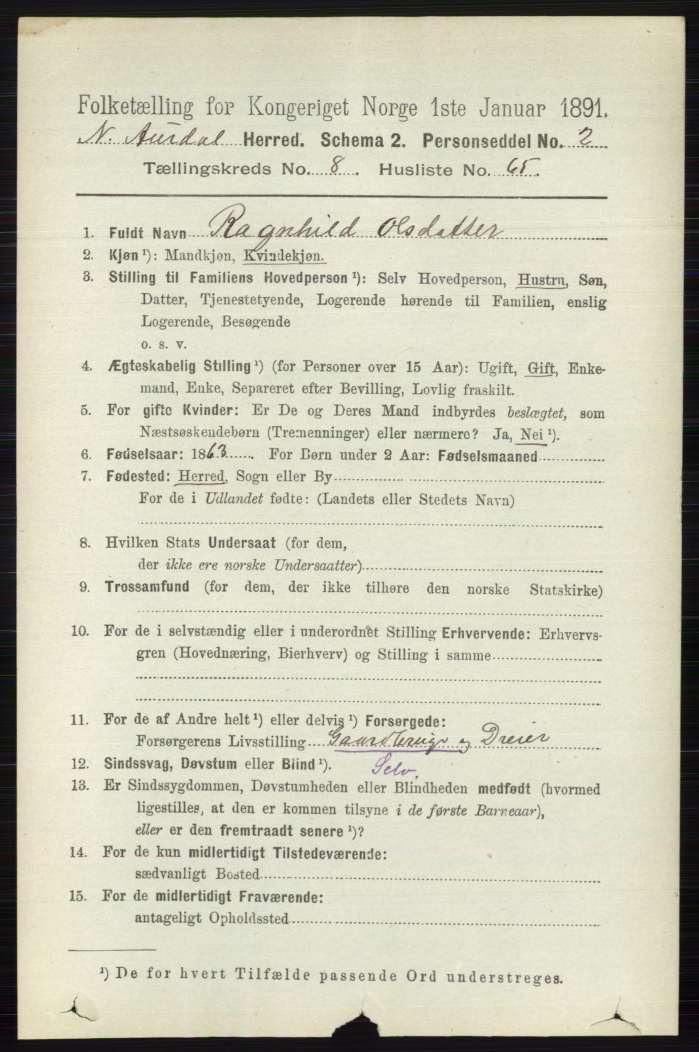 RA, 1891 census for 0542 Nord-Aurdal, 1891, p. 3179