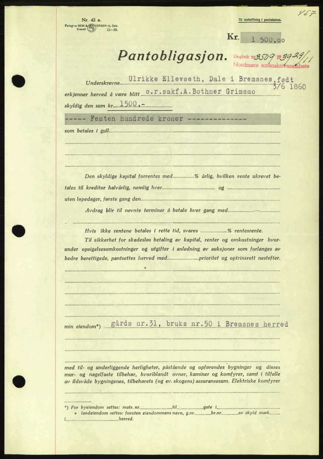 Nordmøre sorenskriveri, AV/SAT-A-4132/1/2/2Ca: Mortgage book no. B86, 1939-1940, Diary no: : 3509/1939