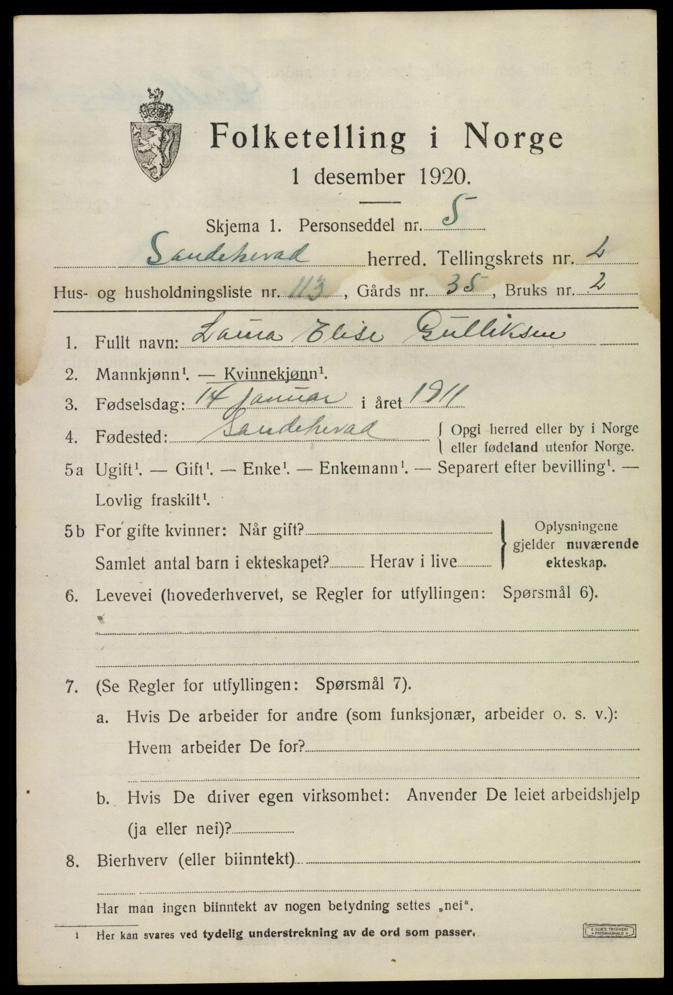 SAKO, 1920 census for Sandeherred, 1920, p. 5194