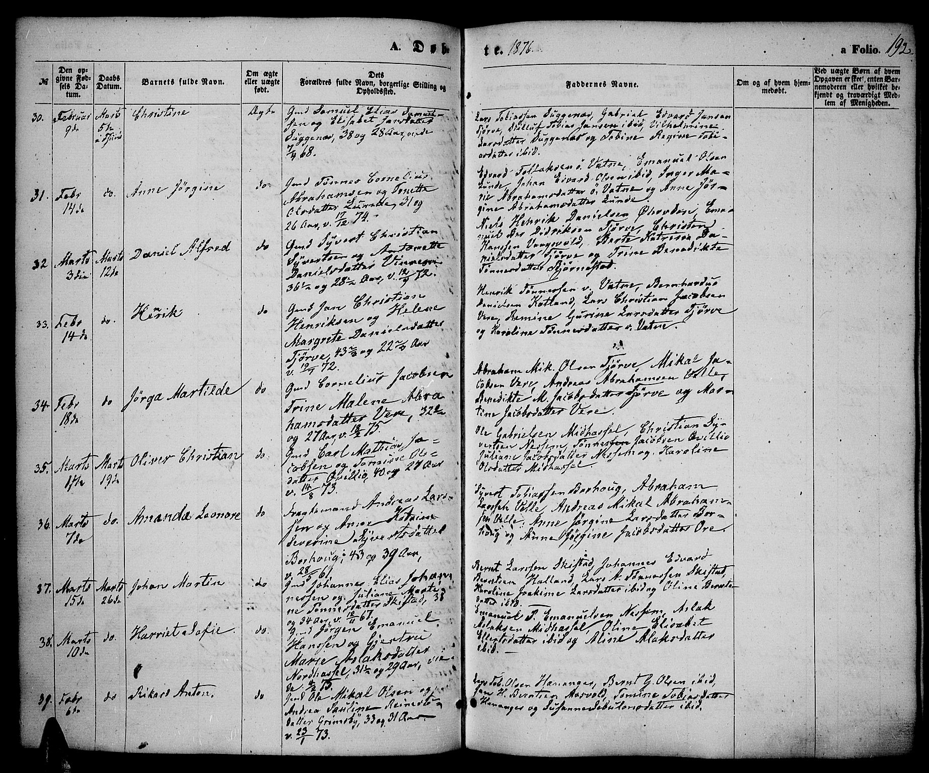 Lista sokneprestkontor, SAK/1111-0027/F/Fb/L0003: Parish register (copy) no. B 3, 1862-1877, p. 192