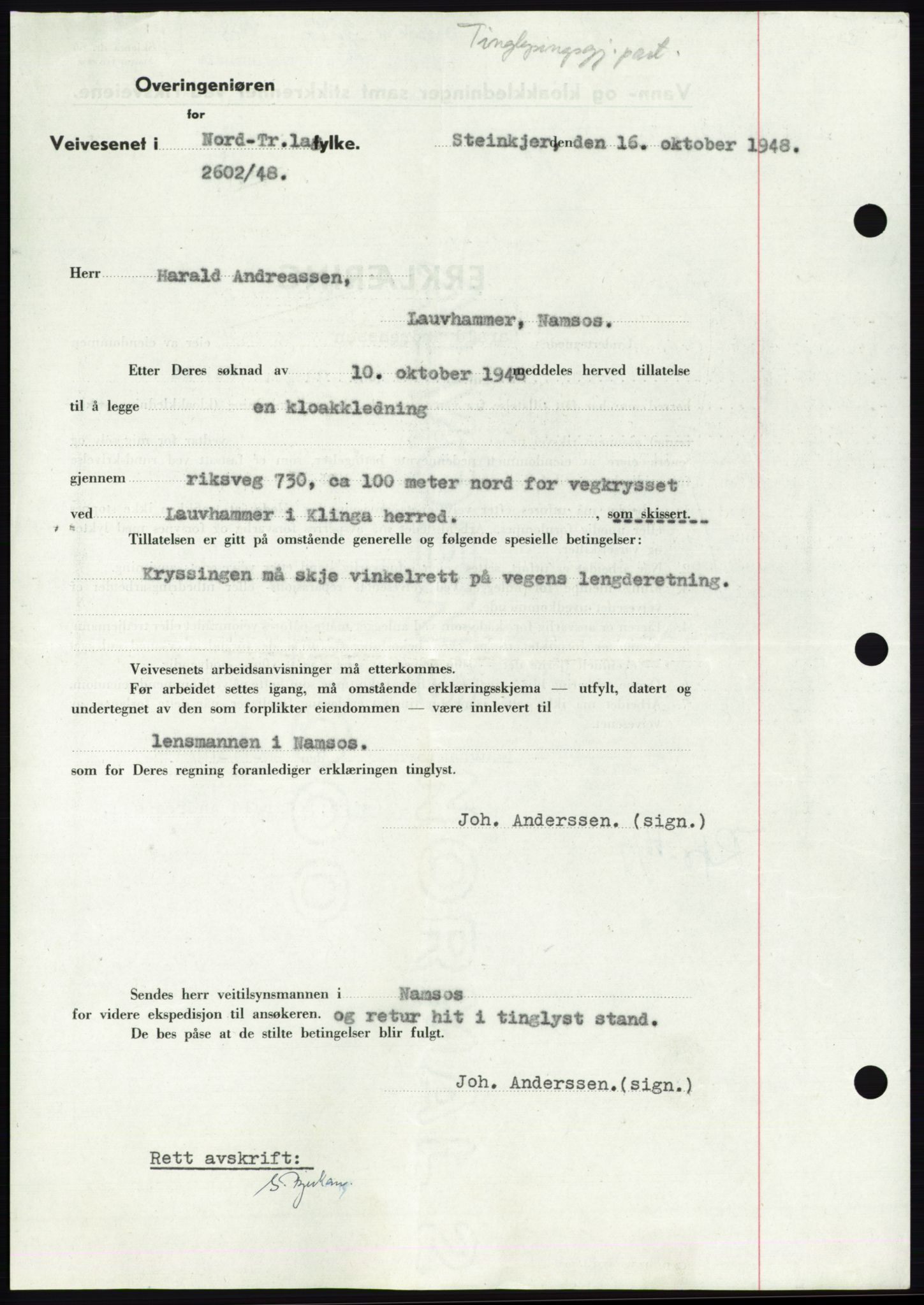 Namdal sorenskriveri, AV/SAT-A-4133/1/2/2C: Mortgage book no. -, 1948-1948, Diary no: : 2597/1948