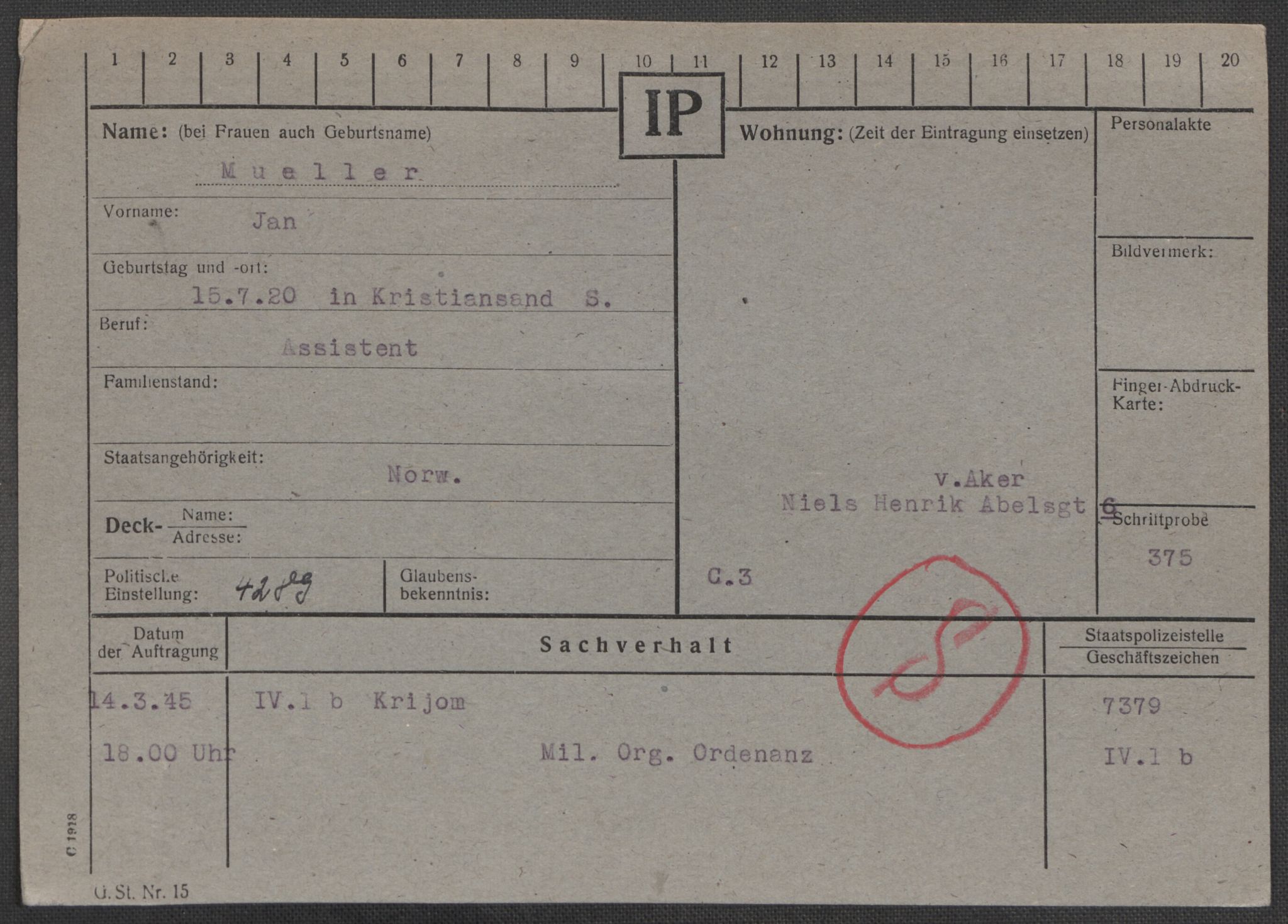Befehlshaber der Sicherheitspolizei und des SD, RA/RAFA-5969/E/Ea/Eaa/L0007: Register over norske fanger i Møllergata 19: Lundb-N, 1940-1945, p. 848