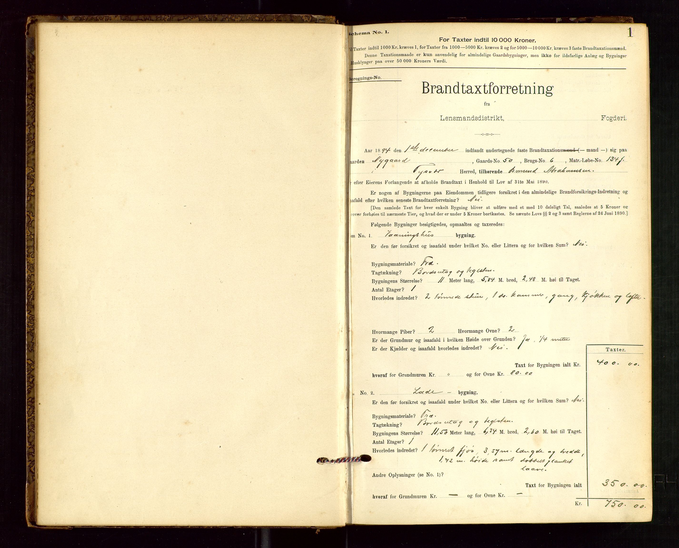 Tysvær lensmannskontor, AV/SAST-A-100192/Gob/L0001: "Brandtaxationsprotokol for Tysvær Lensmandsdistrikt Ryfylke Fogderi", 1894-1916, p. 1