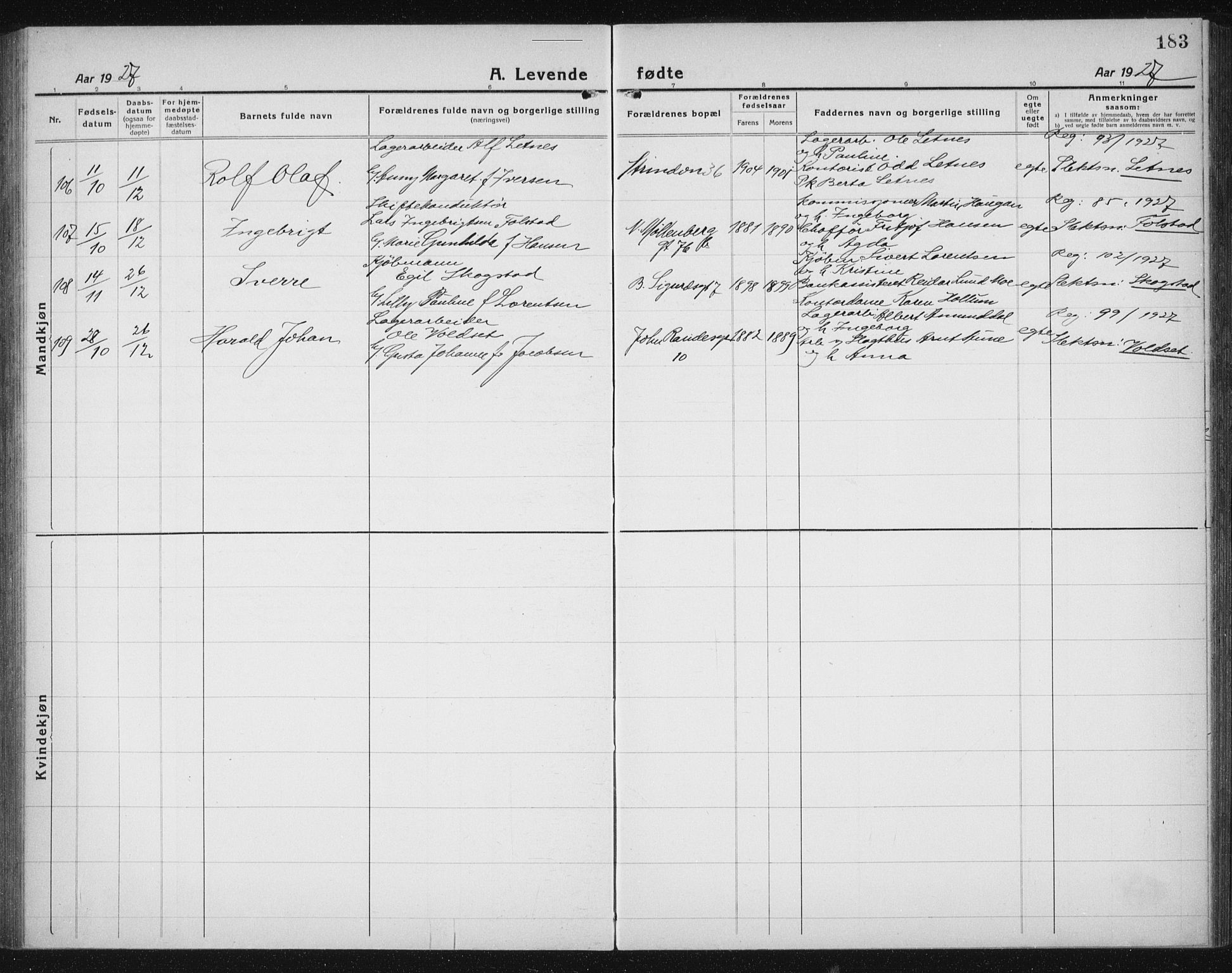 Ministerialprotokoller, klokkerbøker og fødselsregistre - Sør-Trøndelag, AV/SAT-A-1456/605/L0259: Parish register (copy) no. 605C06, 1920-1937, p. 183