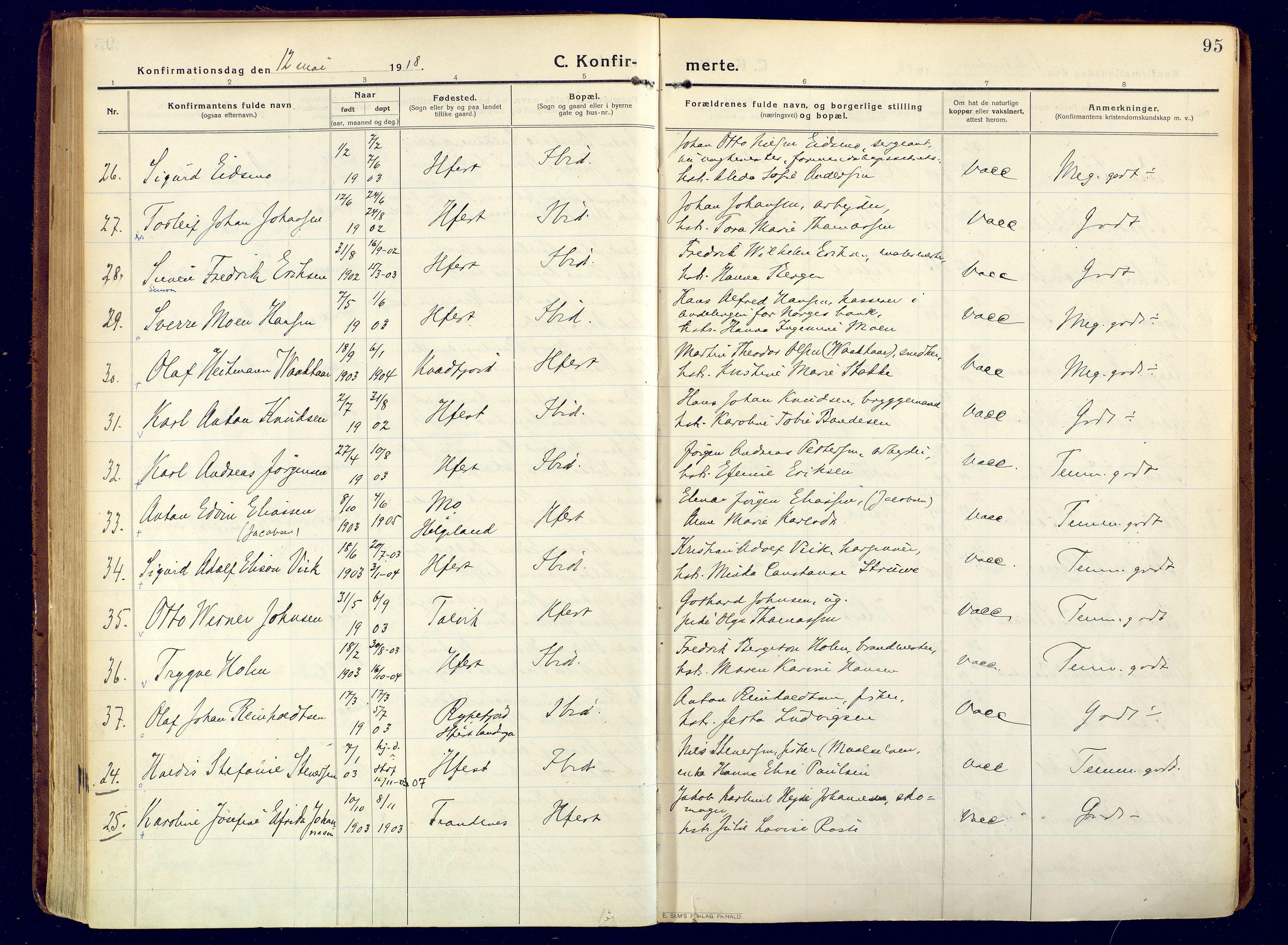 Hammerfest sokneprestkontor, SATØ/S-1347/H/Ha/L0015.kirke: Parish register (official) no. 15, 1916-1923, p. 95