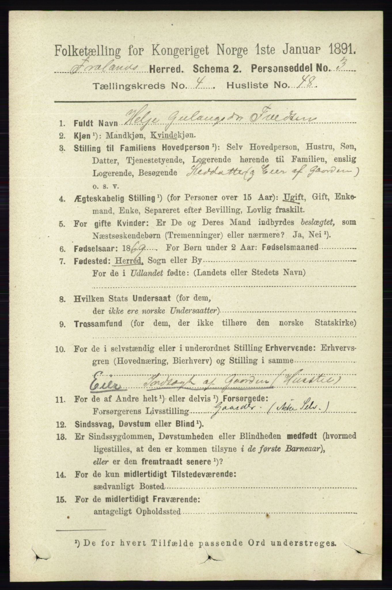 RA, 1891 census for 0919 Froland, 1891, p. 1689