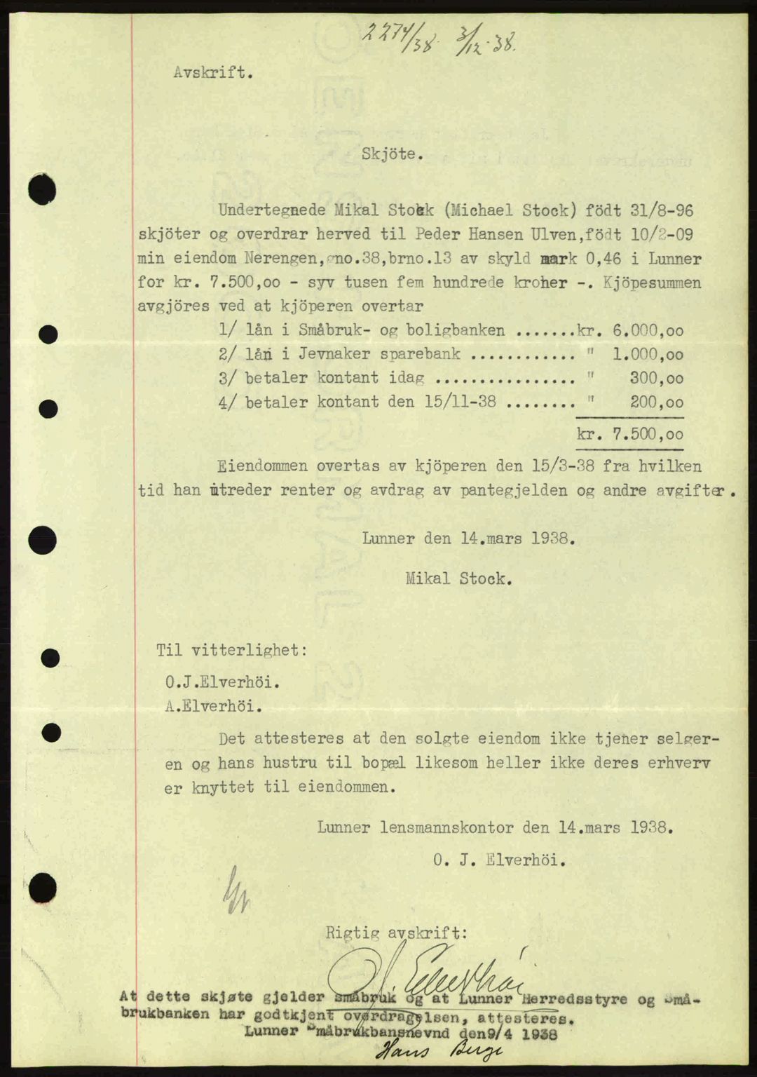 Hadeland og Land tingrett, AV/SAH-TING-010/H/Hb/Hbb/L0077: Mortgage book no. A77, 1938-1939, Diary no: : 2274/1938