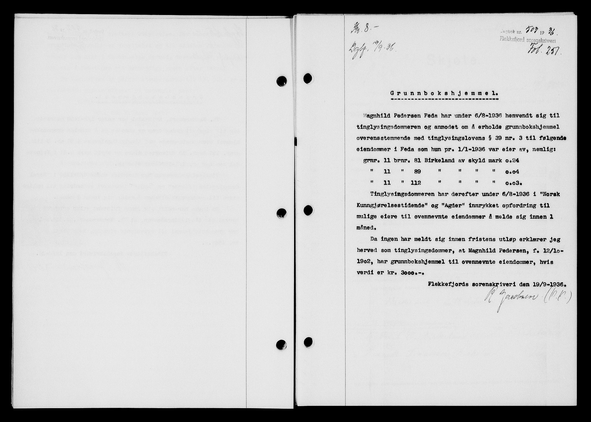 Flekkefjord sorenskriveri, SAK/1221-0001/G/Gb/Gba/L0053: Mortgage book no. A-1, 1936-1937, Diary no: : 503/1936