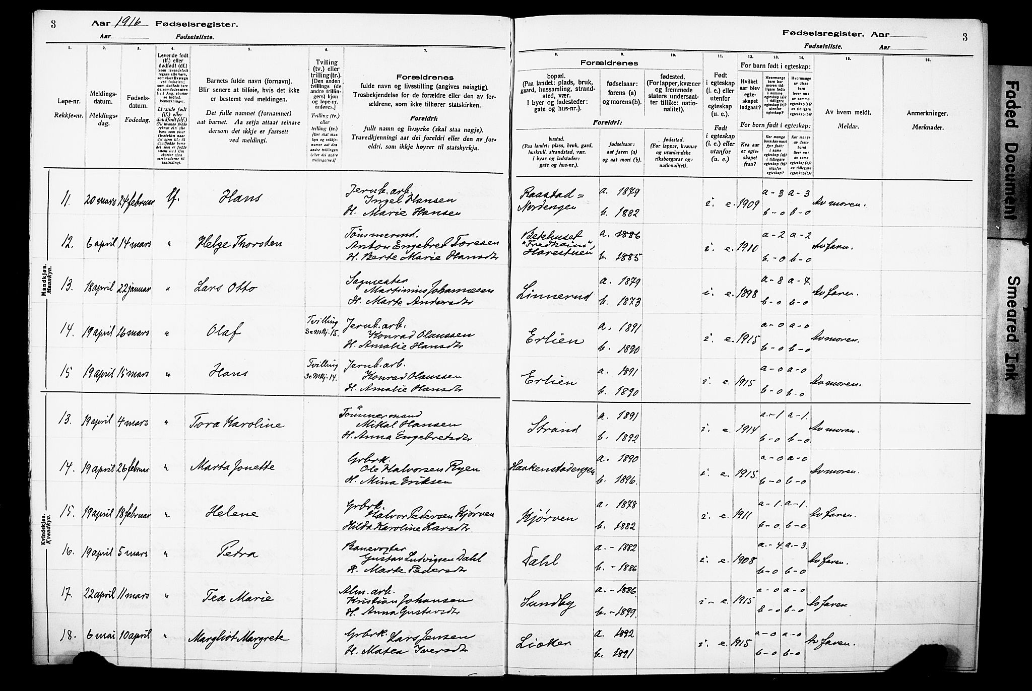 Lunner prestekontor, AV/SAH-PREST-118/I/Id/L0001: Birth register no. 1, 1916-1932, p. 3