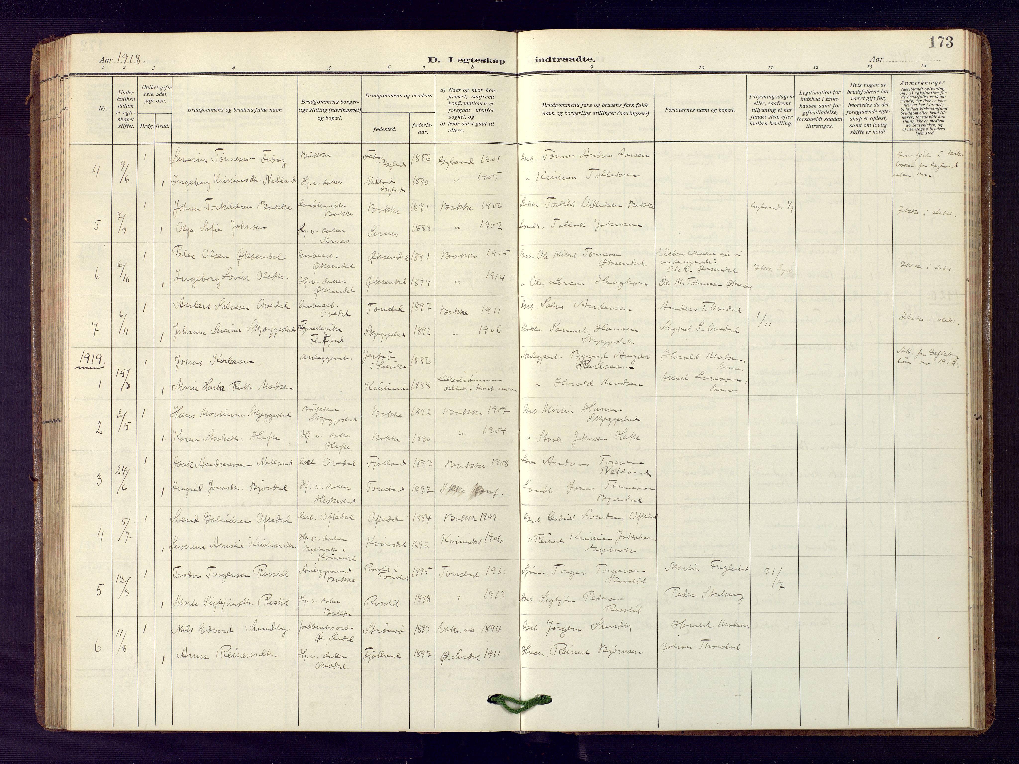 Bakke sokneprestkontor, SAK/1111-0002/F/Fb/Fba/L0004: Parish register (copy) no. B 4, 1911-1946, p. 173