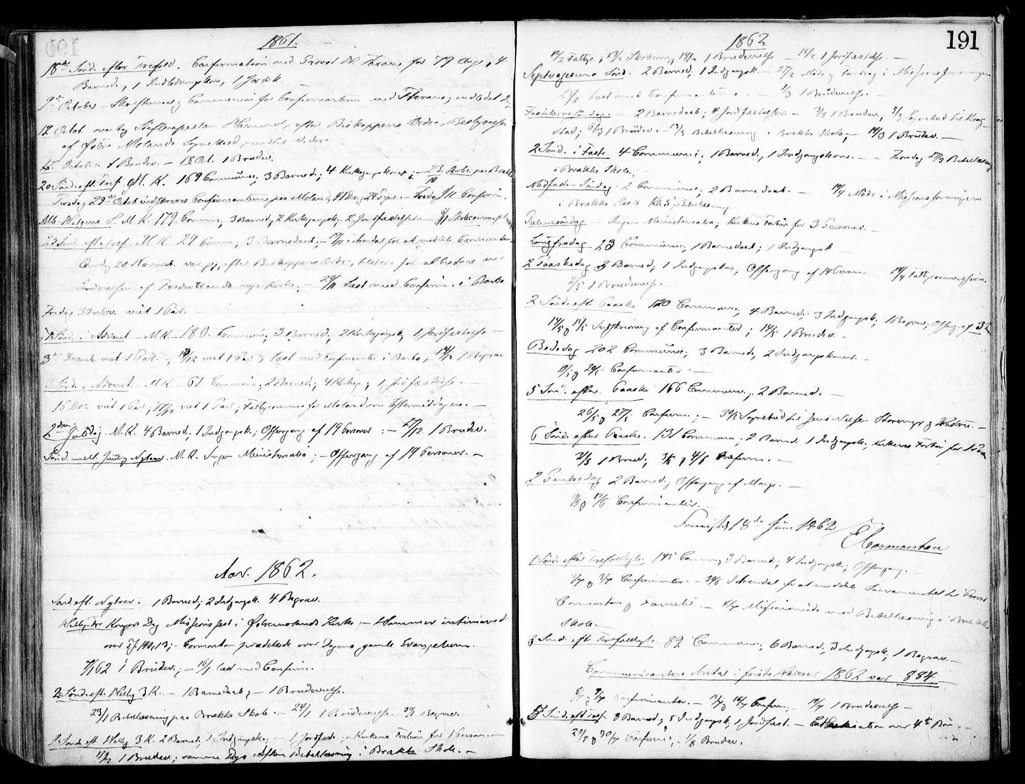 Austre Moland sokneprestkontor, SAK/1111-0001/F/Fa/Faa/L0008: Parish register (official) no. A 8, 1858-1868, p. 191