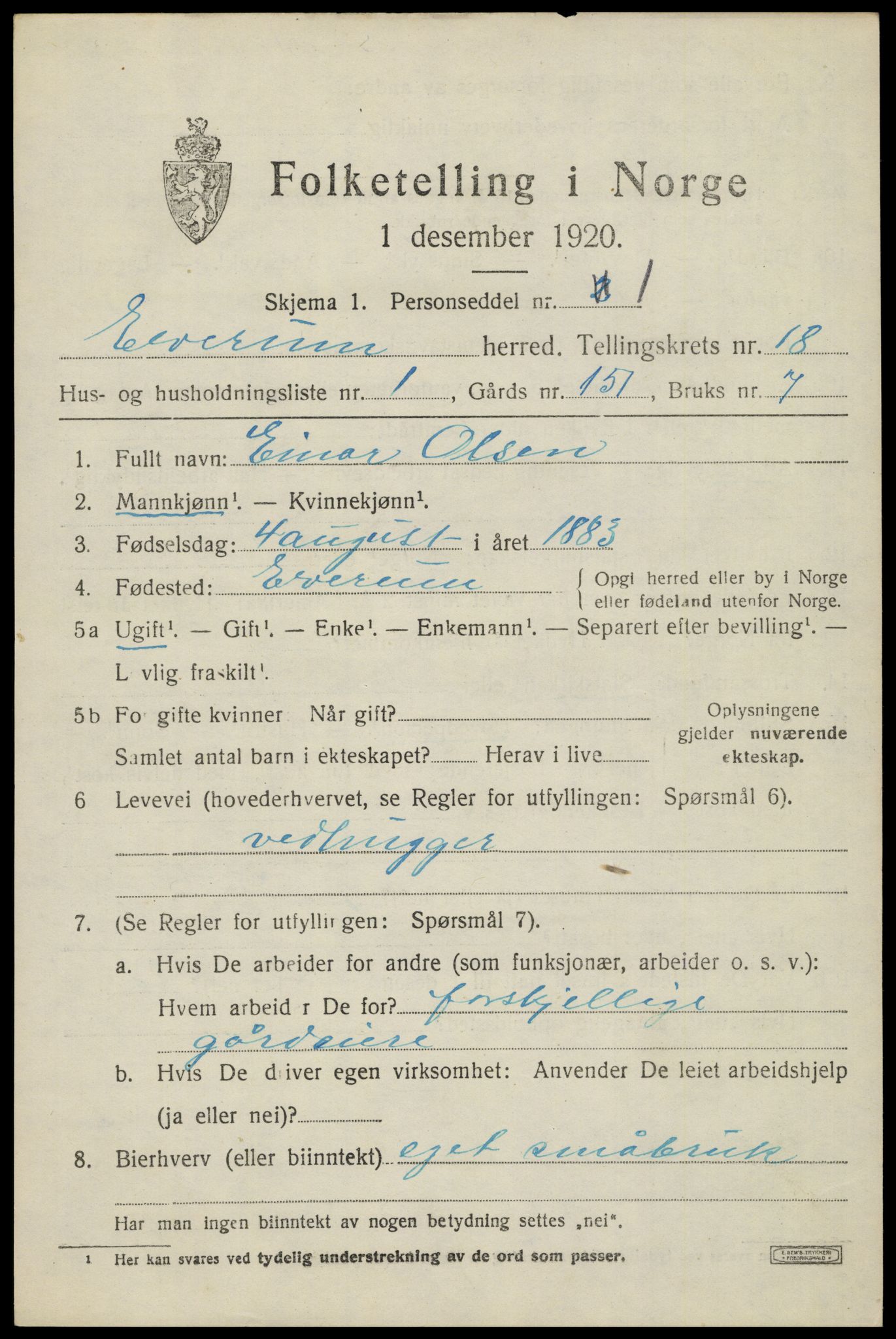 SAH, 1920 census for Elverum, 1920, p. 22088