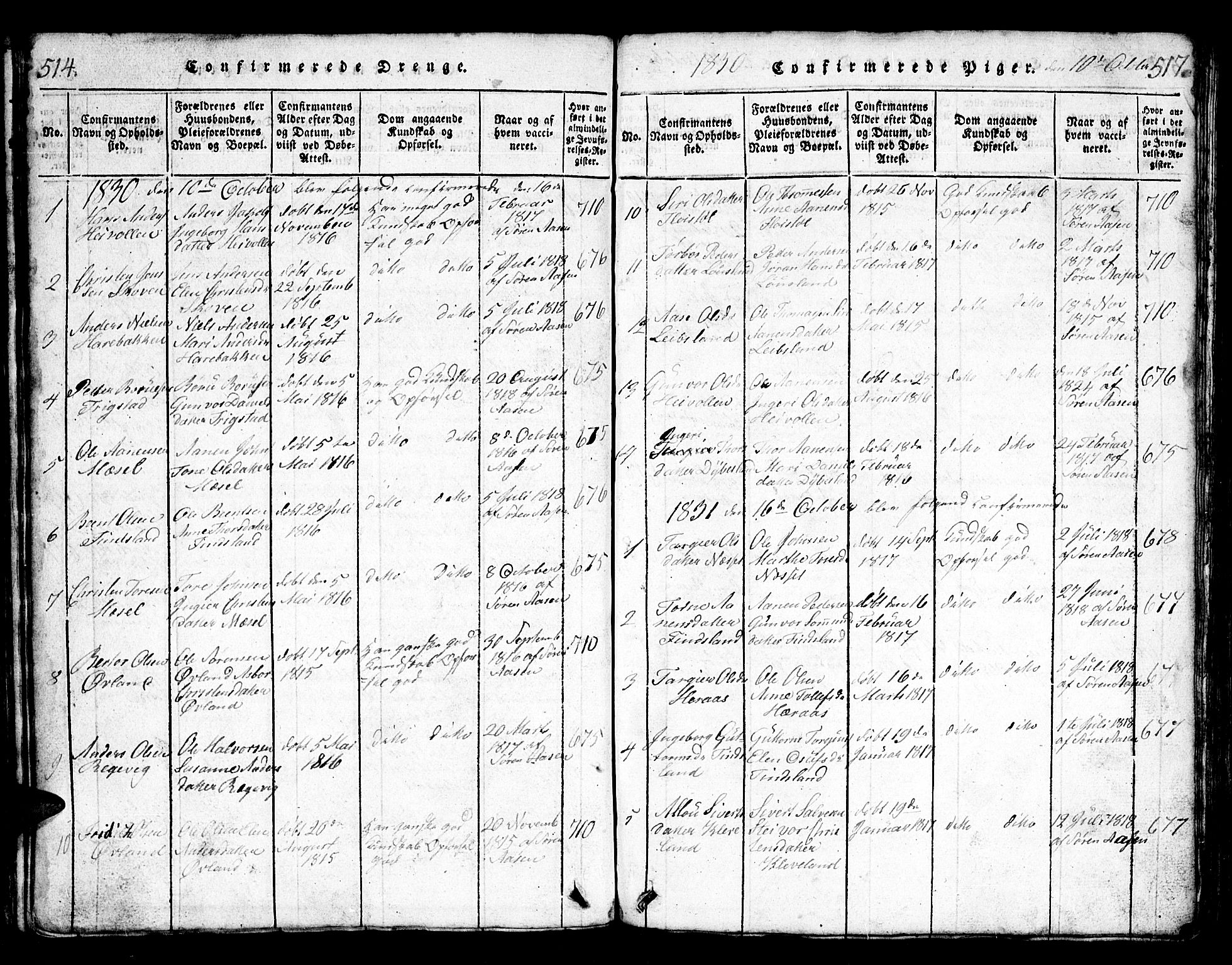 Bjelland sokneprestkontor, SAK/1111-0005/F/Fb/Fbb/L0003: Parish register (copy) no. B 3, 1816-1868, p. 514-515