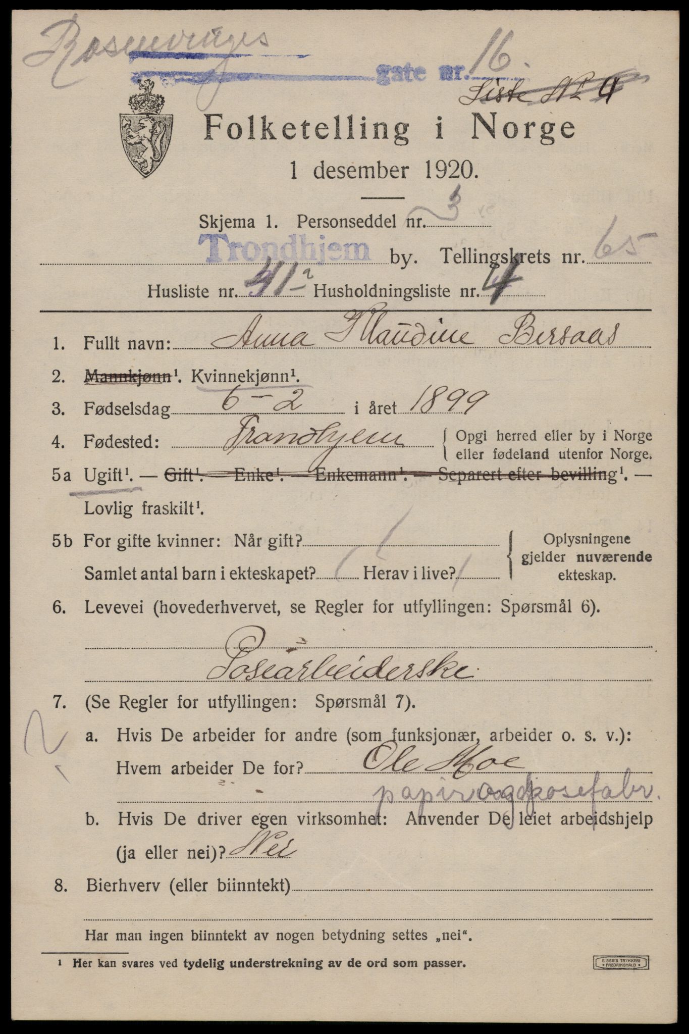 SAT, 1920 census for Trondheim, 1920, p. 129812