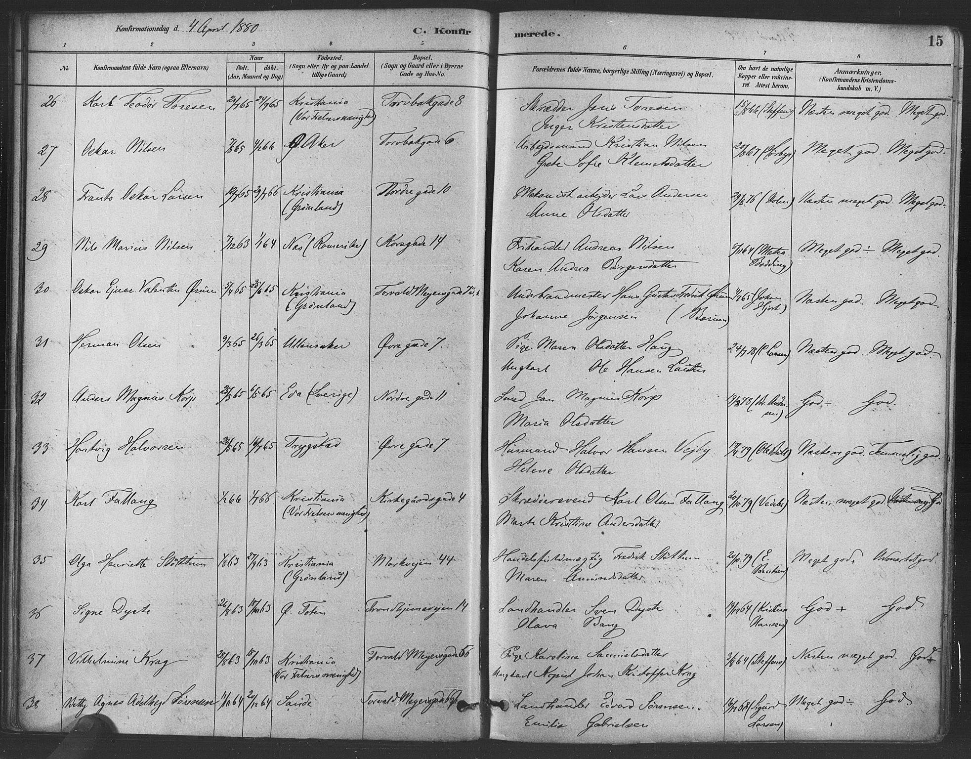 Paulus prestekontor Kirkebøker, AV/SAO-A-10871/F/Fa/L0004: Parish register (official) no. 4, 1879-1891, p. 15