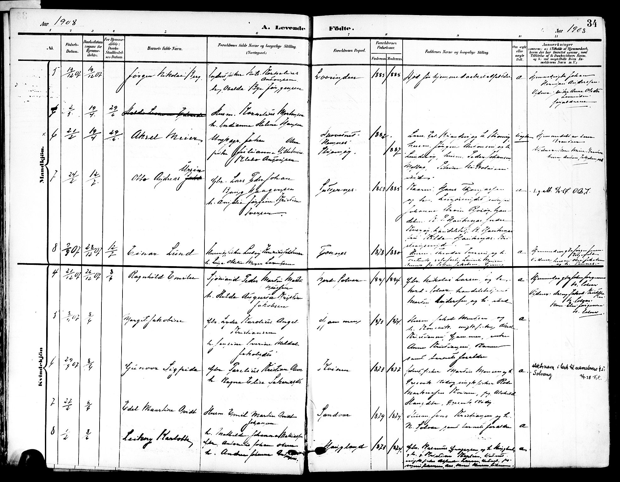 Ministerialprotokoller, klokkerbøker og fødselsregistre - Nordland, AV/SAT-A-1459/839/L0569: Parish register (official) no. 839A06, 1903-1922, p. 34