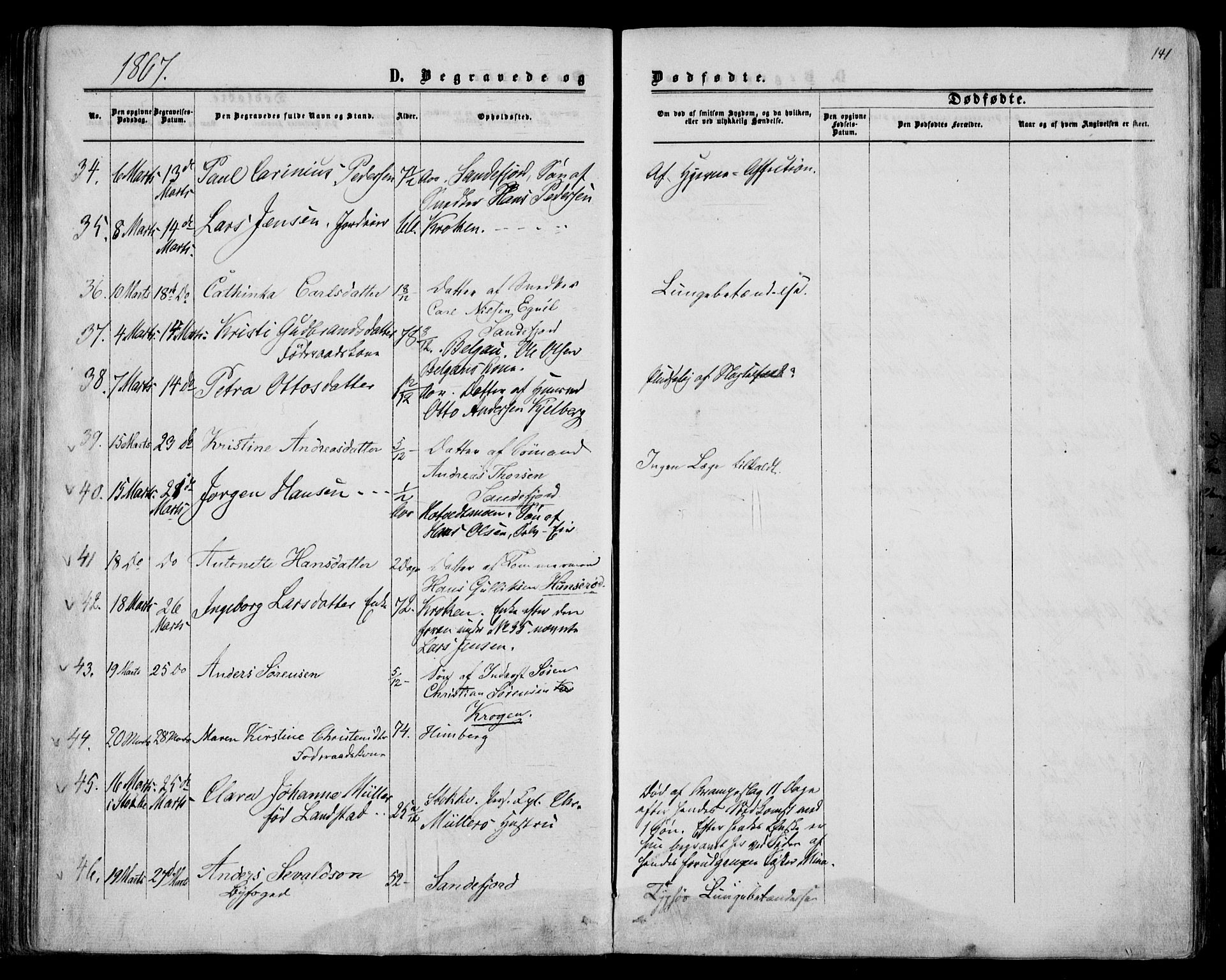 Sandar kirkebøker, AV/SAKO-A-243/F/Fa/L0009: Parish register (official) no. 9, 1862-1871, p. 141