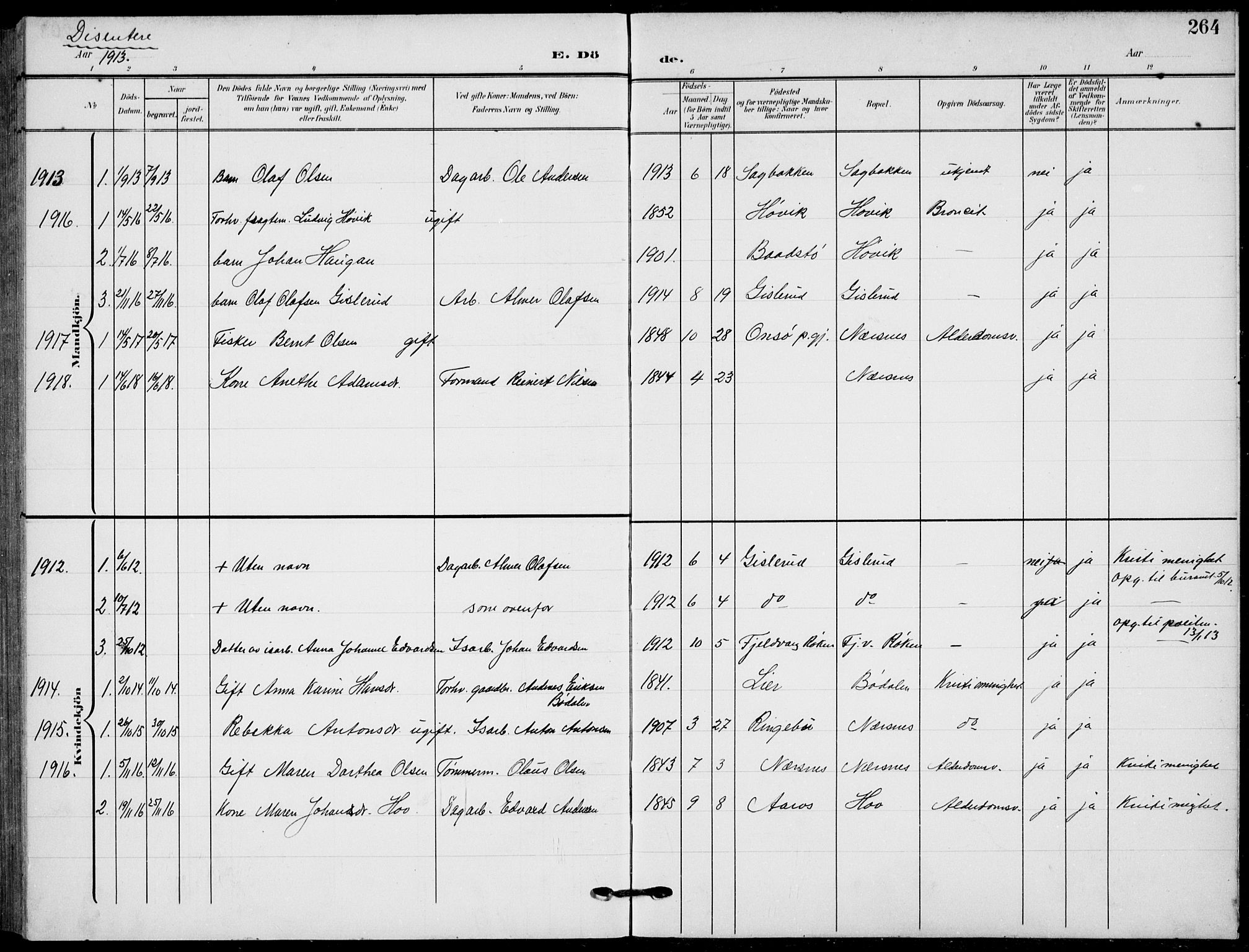 Røyken kirkebøker, AV/SAKO-A-241/G/Ga/L0005: Parish register (copy) no. 5, 1903-1918, p. 264