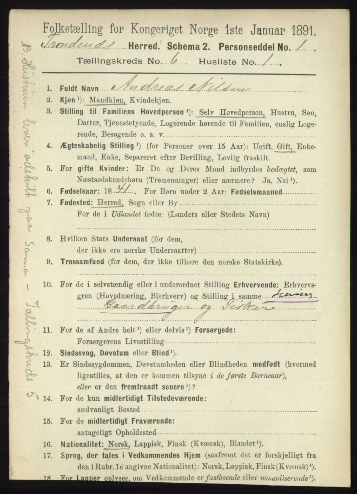 RA, 1891 census for 1914 Trondenes, 1891, p. 3822
