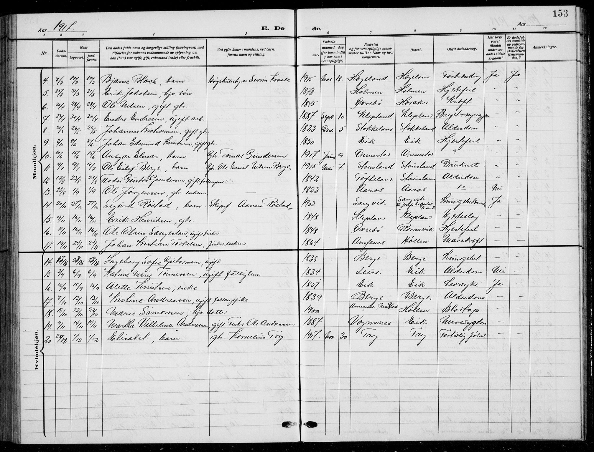 Søgne sokneprestkontor, SAK/1111-0037/F/Fb/Fbb/L0007: Parish register (copy) no. B 7, 1912-1931, p. 153