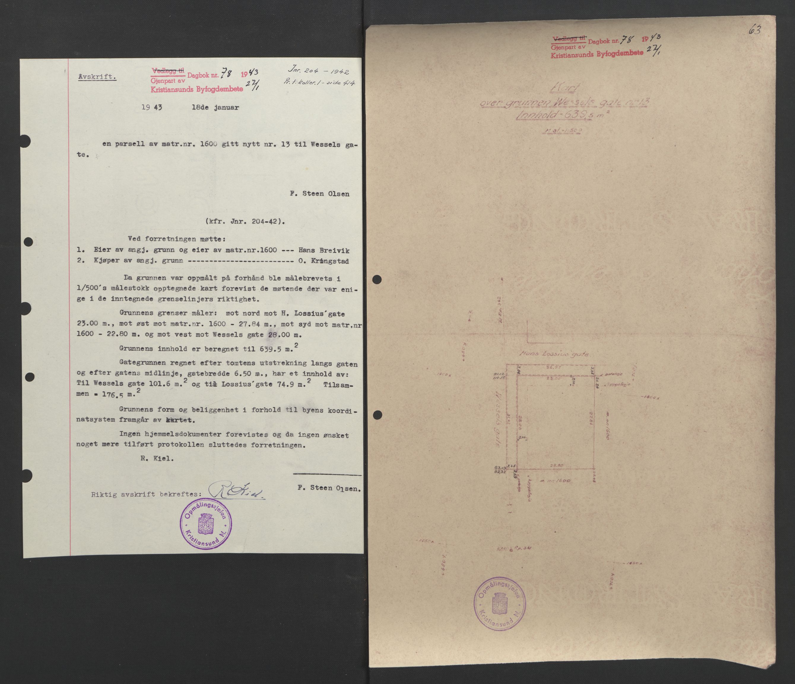 Kristiansund byfogd, AV/SAT-A-4587/A/27: Mortgage book no. 37, 1942-1945, Diary no: : 78/1943