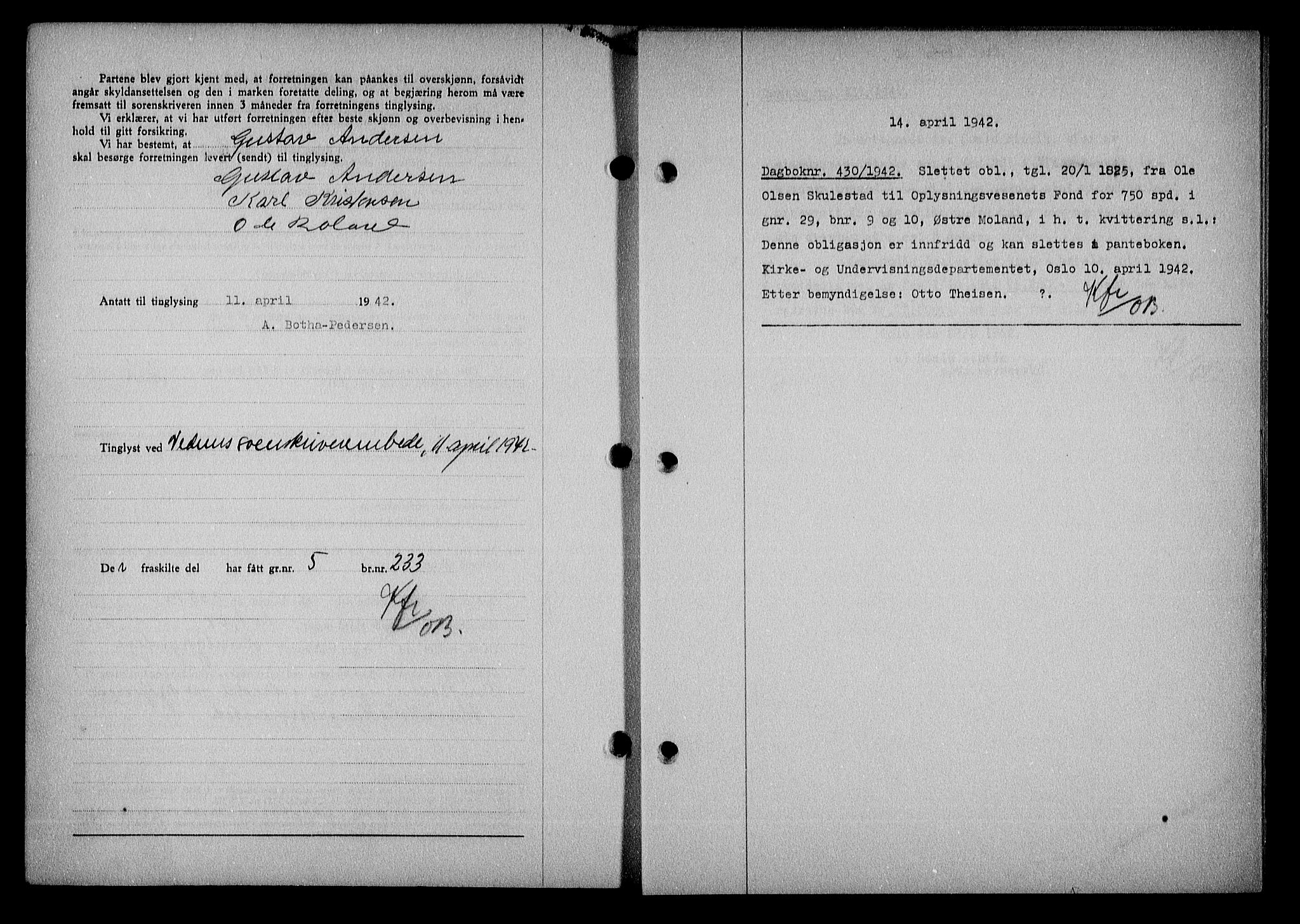 Nedenes sorenskriveri, SAK/1221-0006/G/Gb/Gba/L0049: Mortgage book no. A-III, 1941-1942, Diary no: : 430/1942