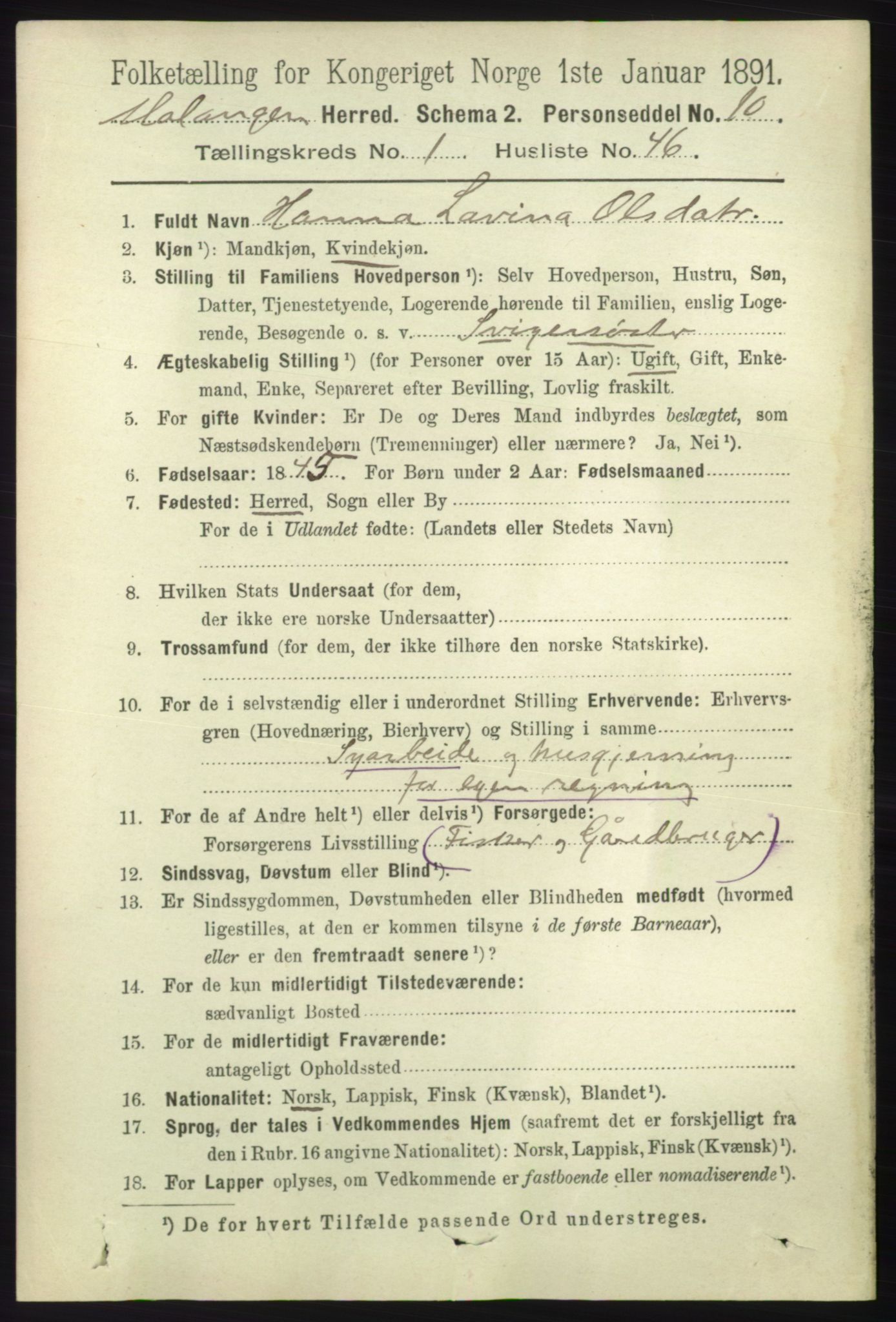 RA, 1891 census for 1932 Malangen, 1891, p. 404