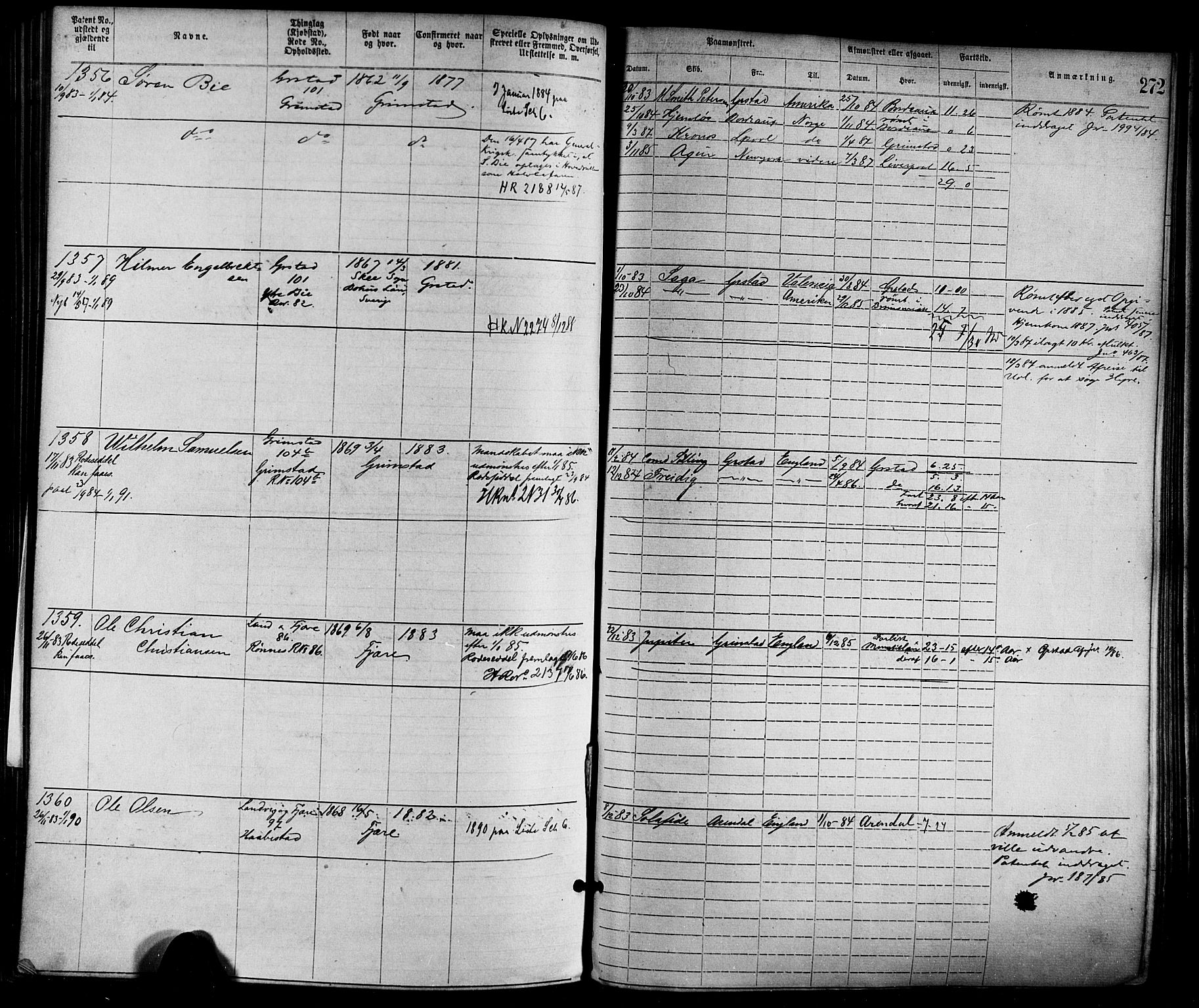 Grimstad mønstringskrets, SAK/2031-0013/F/Fa/L0001: Annotasjonsrulle nr 1-1920 med register, F-1, 1870-1892, p. 304