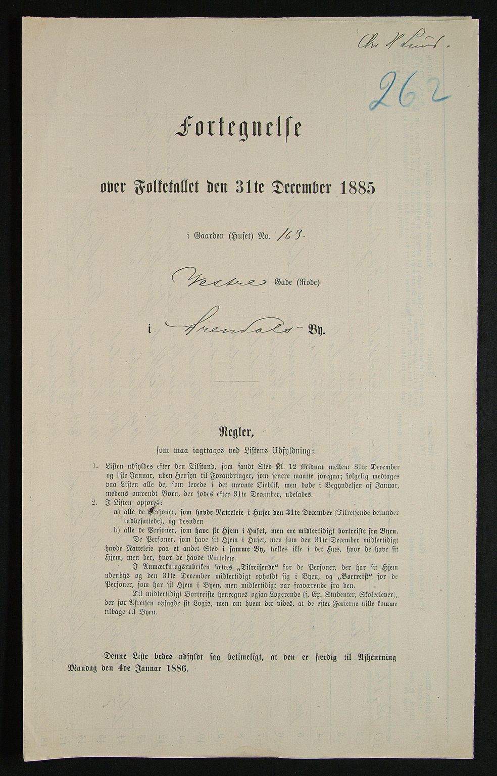SAK, 1885 census for 0903 Arendal, 1885, p. 262