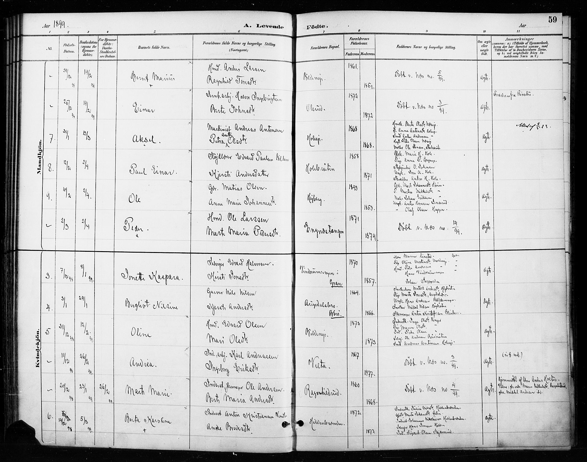 Gran prestekontor, AV/SAH-PREST-112/H/Ha/Haa/L0018: Parish register (official) no. 18, 1889-1899, p. 59