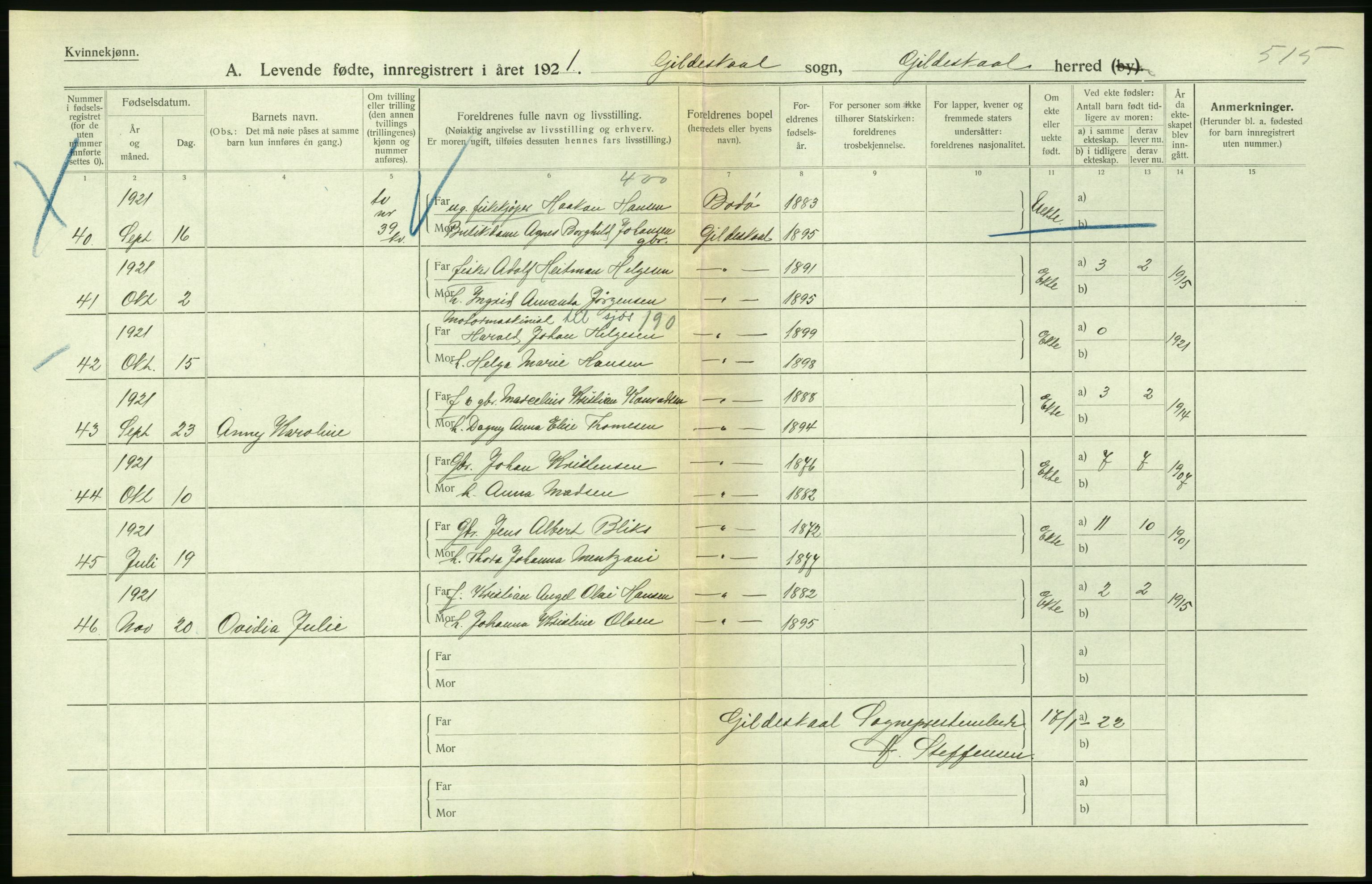 Statistisk sentralbyrå, Sosiodemografiske emner, Befolkning, AV/RA-S-2228/D/Df/Dfc/Dfca/L0049: Nordland fylke: Levendefødte menn og kvinner. Bygder., 1921, p. 154