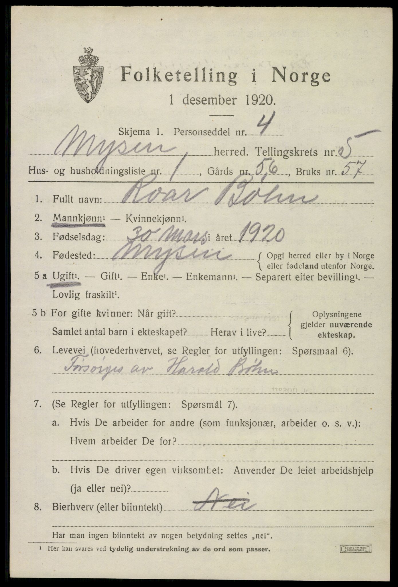 SAO, 1920 census for Mysen, 1920, p. 2677