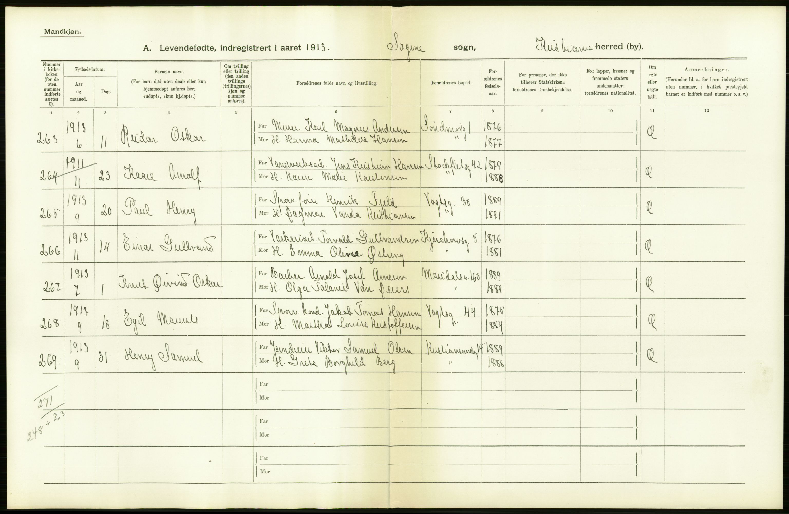 Statistisk sentralbyrå, Sosiodemografiske emner, Befolkning, AV/RA-S-2228/D/Df/Dfb/Dfbc/L0006: Kristiania: Levendefødte menn og kvinner., 1913, p. 2